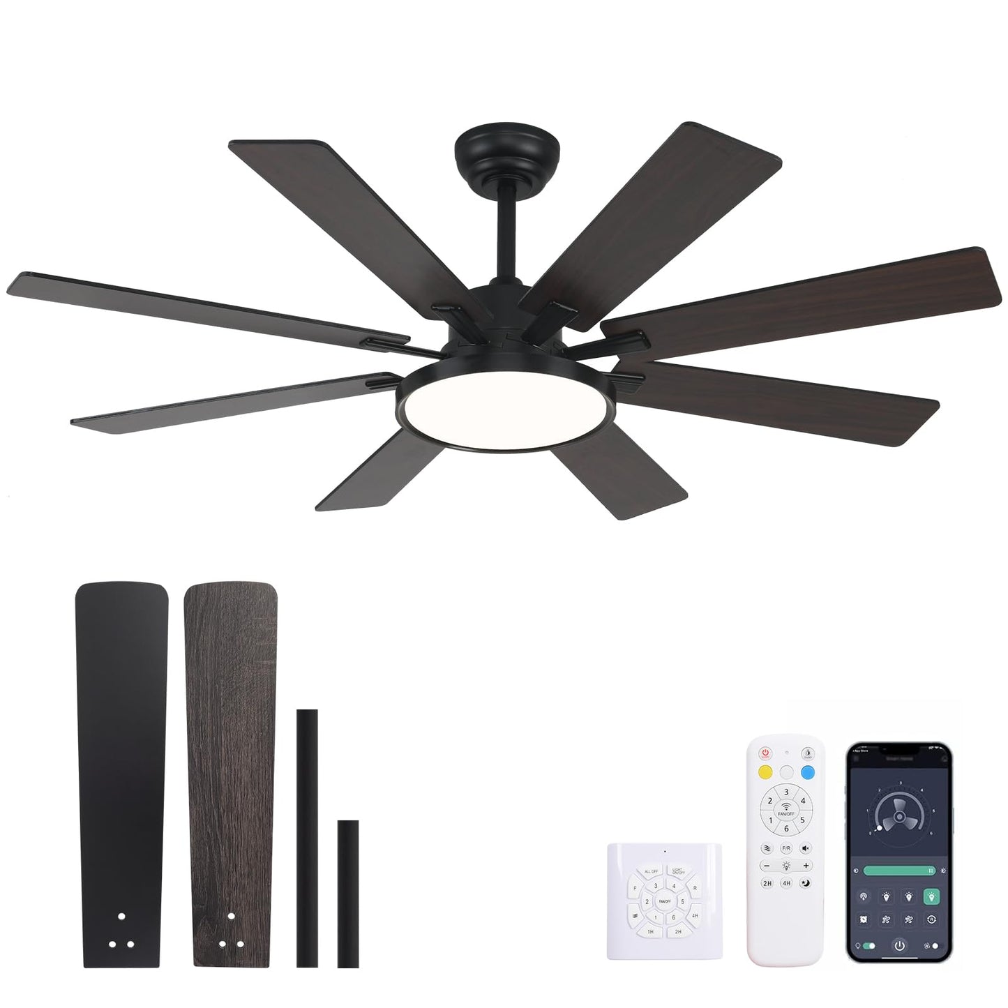 oooYYDSxxx 52" 8-Blade Ceiling Fan with Wall Control, 6-Speed DC Motor & Dimmable 3-Color LED, Ultra Quiet Wide Airflow for Bedroom, Living Room