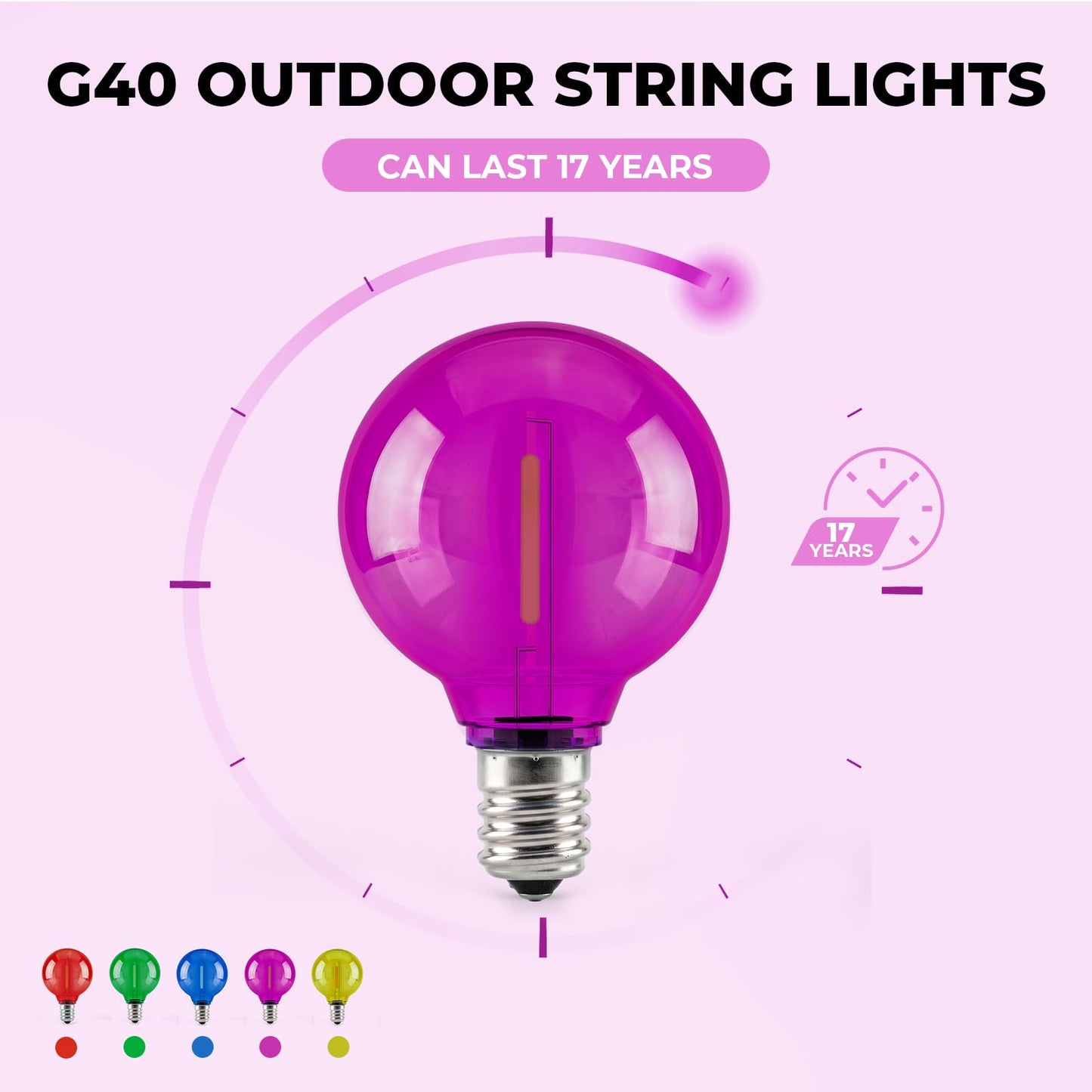 G40 Colored String Light Bulbs Replacement, 1 Watt, E12 Base, 36 Pack