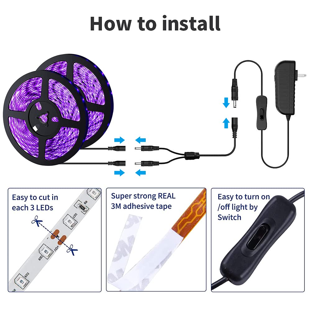TigQiang Black Light Strip, 40ft/12M Flexible LED Black Light with kit, 720 lamp Beads, 12V LED Light, Non-Waterproof for Indoor Fluorescent Dance