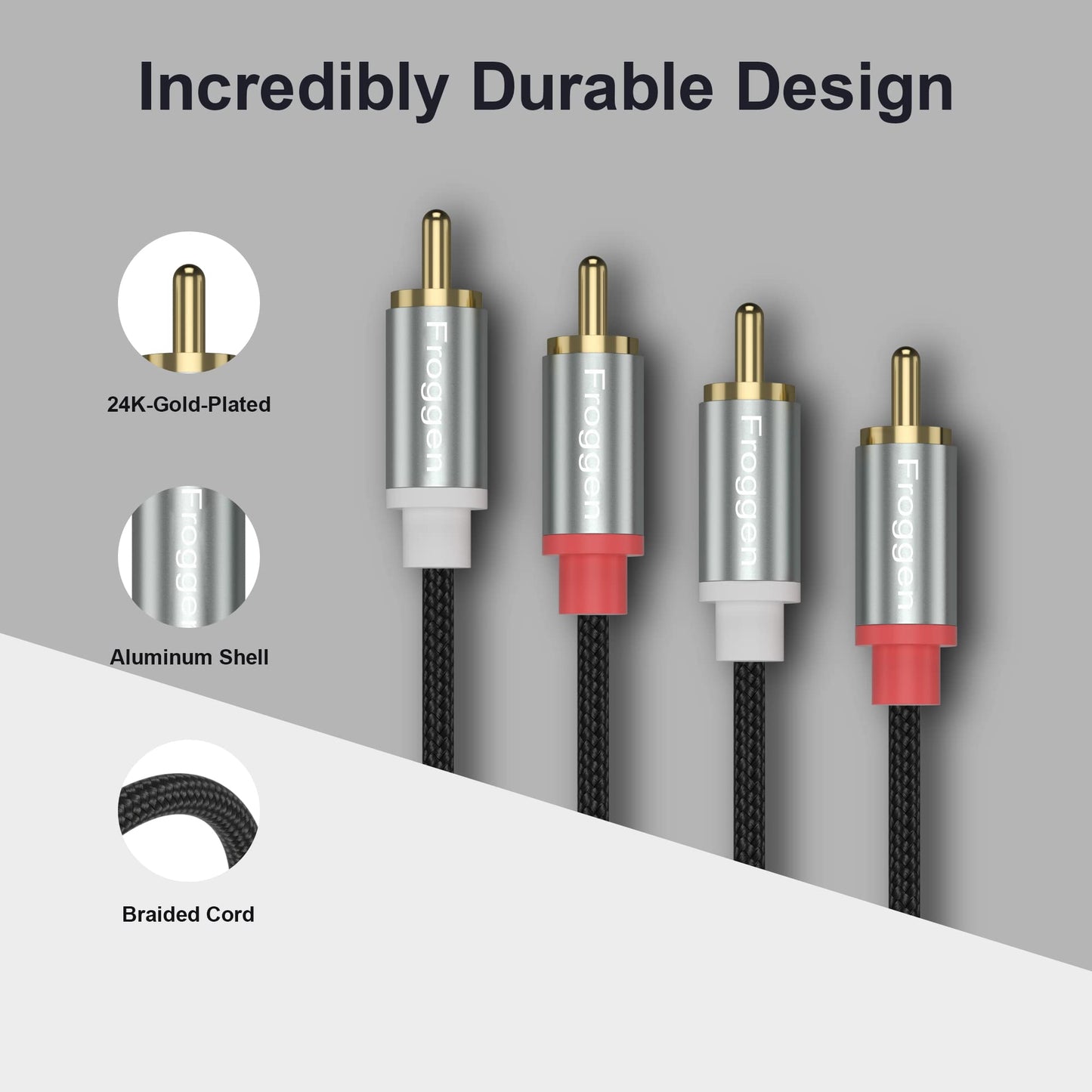 RCA Phono Cable 2 Male to 2 Male RCA Cable 10.3 Feet [24K Gold Plated, Copper Core] 2 RCA Plug to 2 RCA Plug for Home Theater, HDTV, Amplifiers, Hi-Fi