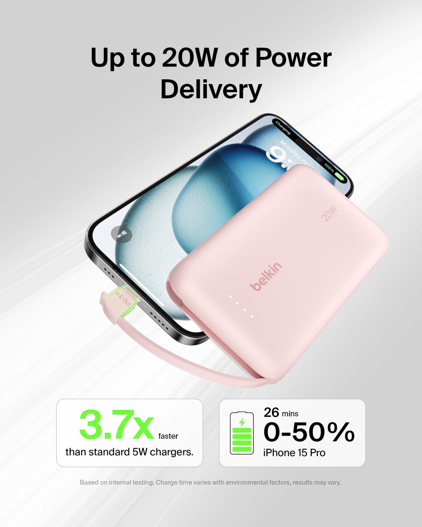 Belkin Portable Charger Power Bank USB C, 10000 mAh w/Integrated Cable, 20W Fast Charge USB-C Power Delivery, iPhone Charger, Apple iPhone 17, Air