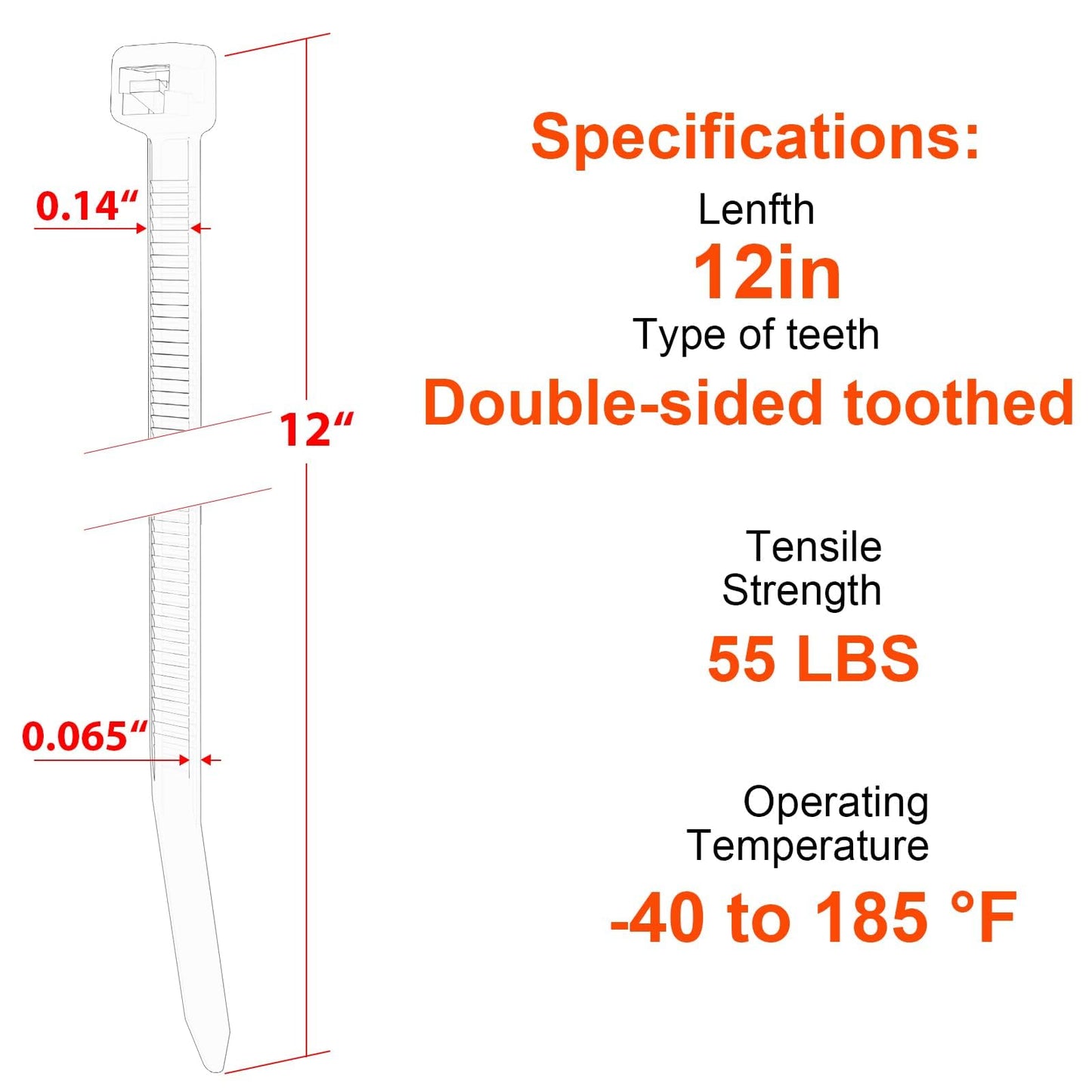 Zip Ties 12 Inch, Cable Ties With Double Sided Toothed 2024 Patented Design, 55LBS Tensile Strength Heavy Duty Wire Ties, Nylon PA66 UV Resistant