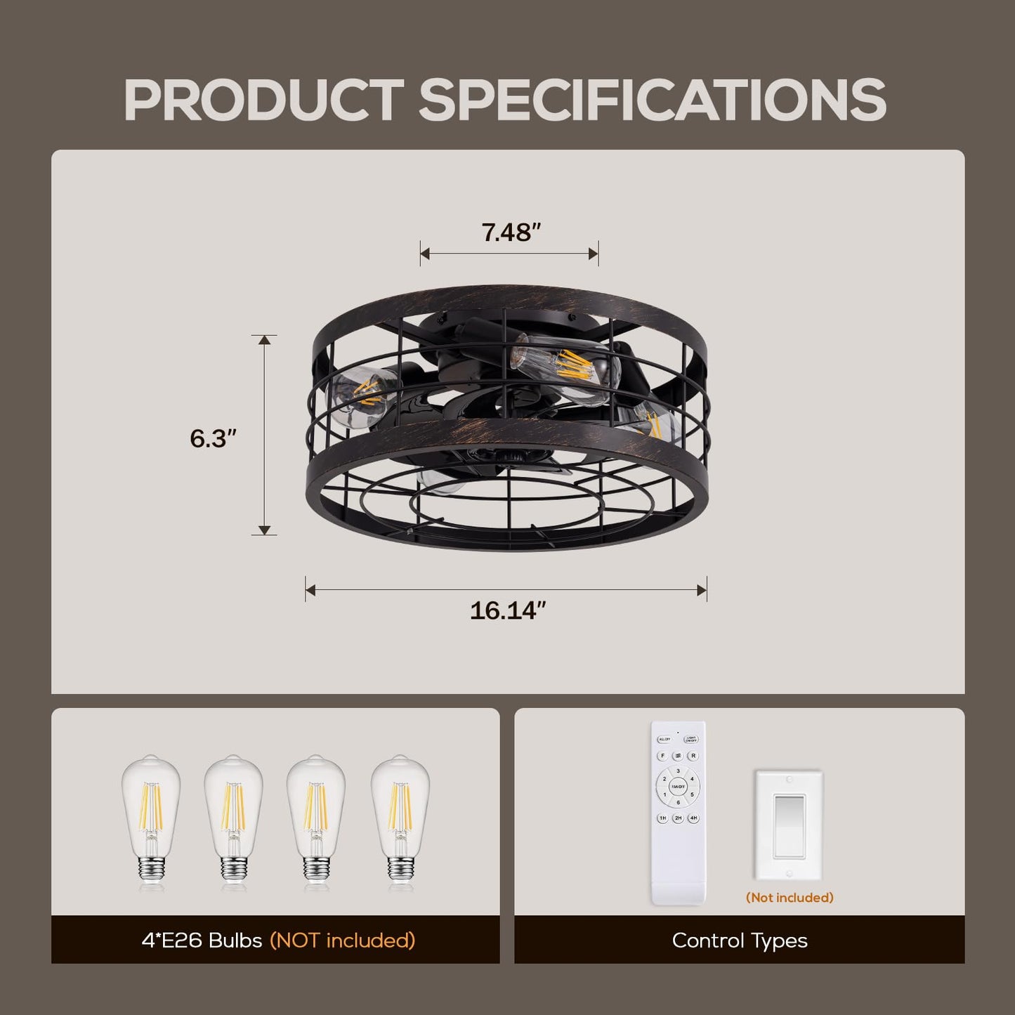 APBEAMLighting Small Caged Ceiling Fan with Light Flush Mount, 16.14''