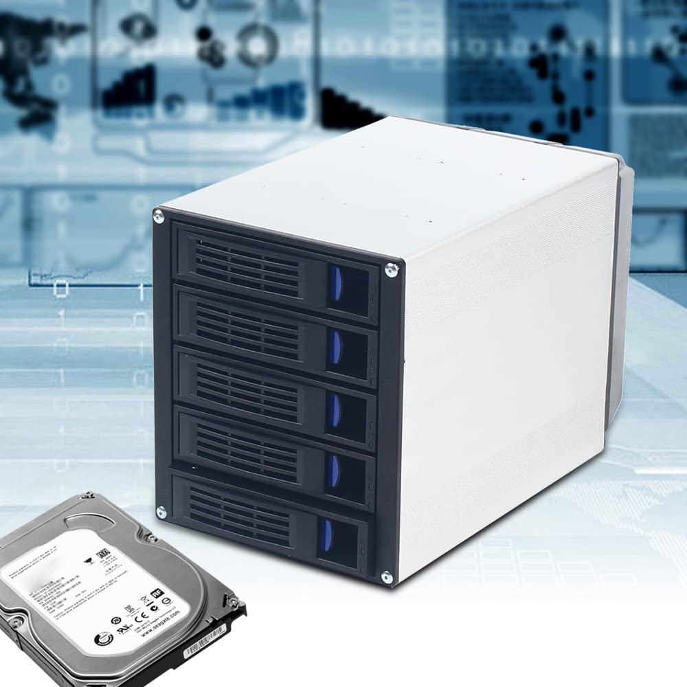 5 Bay 3 x 5.25 Drive Bays Hard Disk Enclosure, HDD Hot Swap Cage Mobile Rack for 5 x SATA 3.5 HDD, 5 x SATA 2.5 HDD, SAS HDD