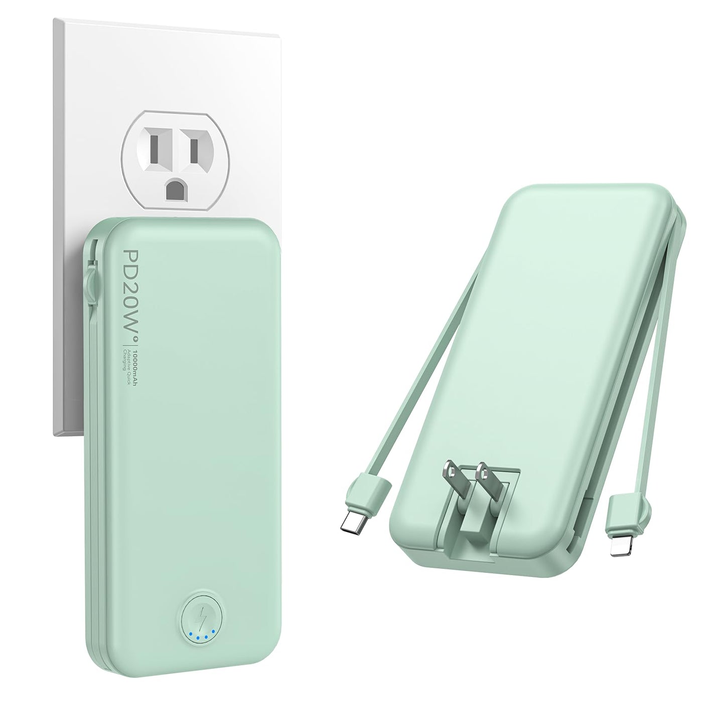 Nusyddy Portable Charger, 10000mAh PD20W Fast Charging Power Bank with Built-in Cables & Wall Plug, Travel Essentials External Battery Pack, USB C