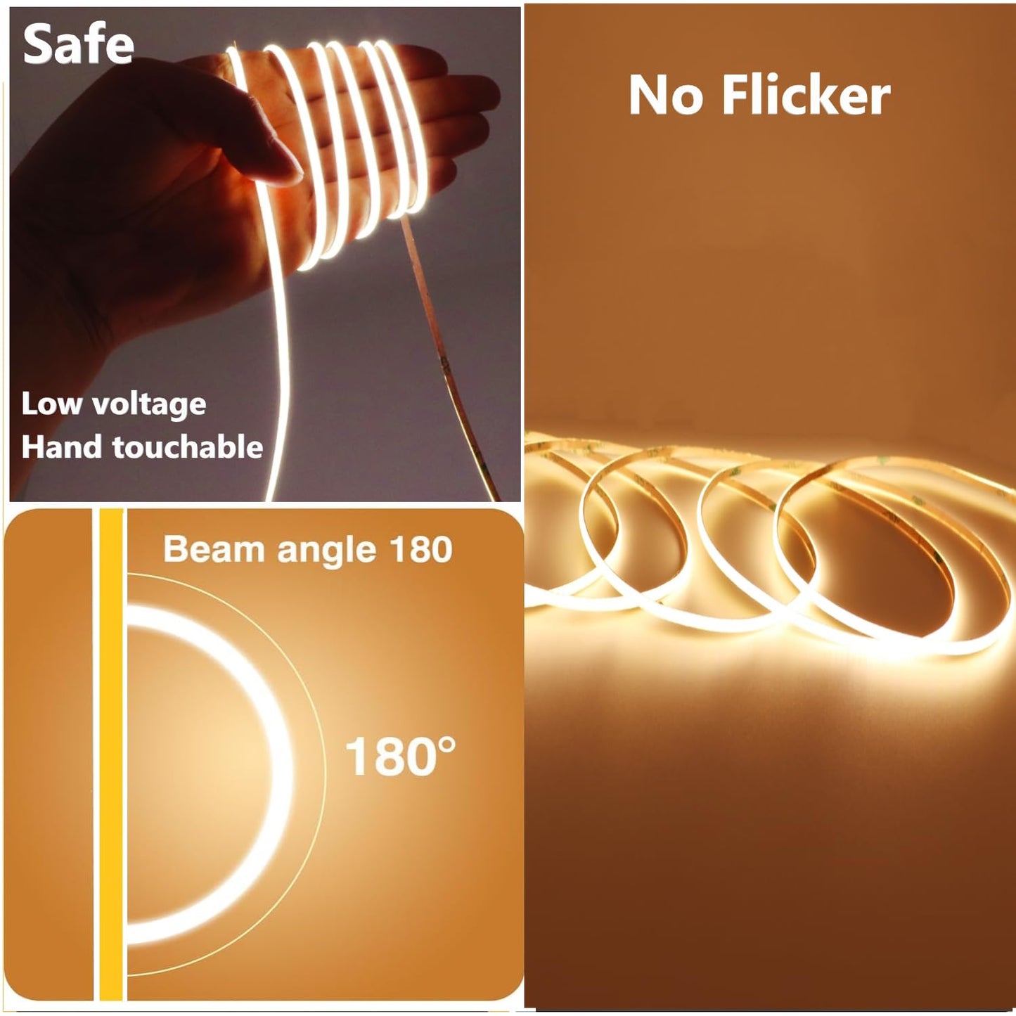 Cinlitek COB LED Strip Light, Ultra-Thin 12V 3mm16.4ft Ultra High Density Tape Light, 480LED/m, CRI 90+, Flexible Cuttable LED Lighting for Home