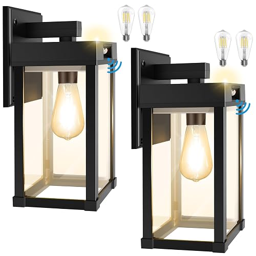 Solar Wall Lights Outdoor with 3 Lighting Modes & Motion Sensor, Solar Porch Light with 2 Bulbs, Waterproof Outdoor Wall Sconce Lantern Lamp Fixture