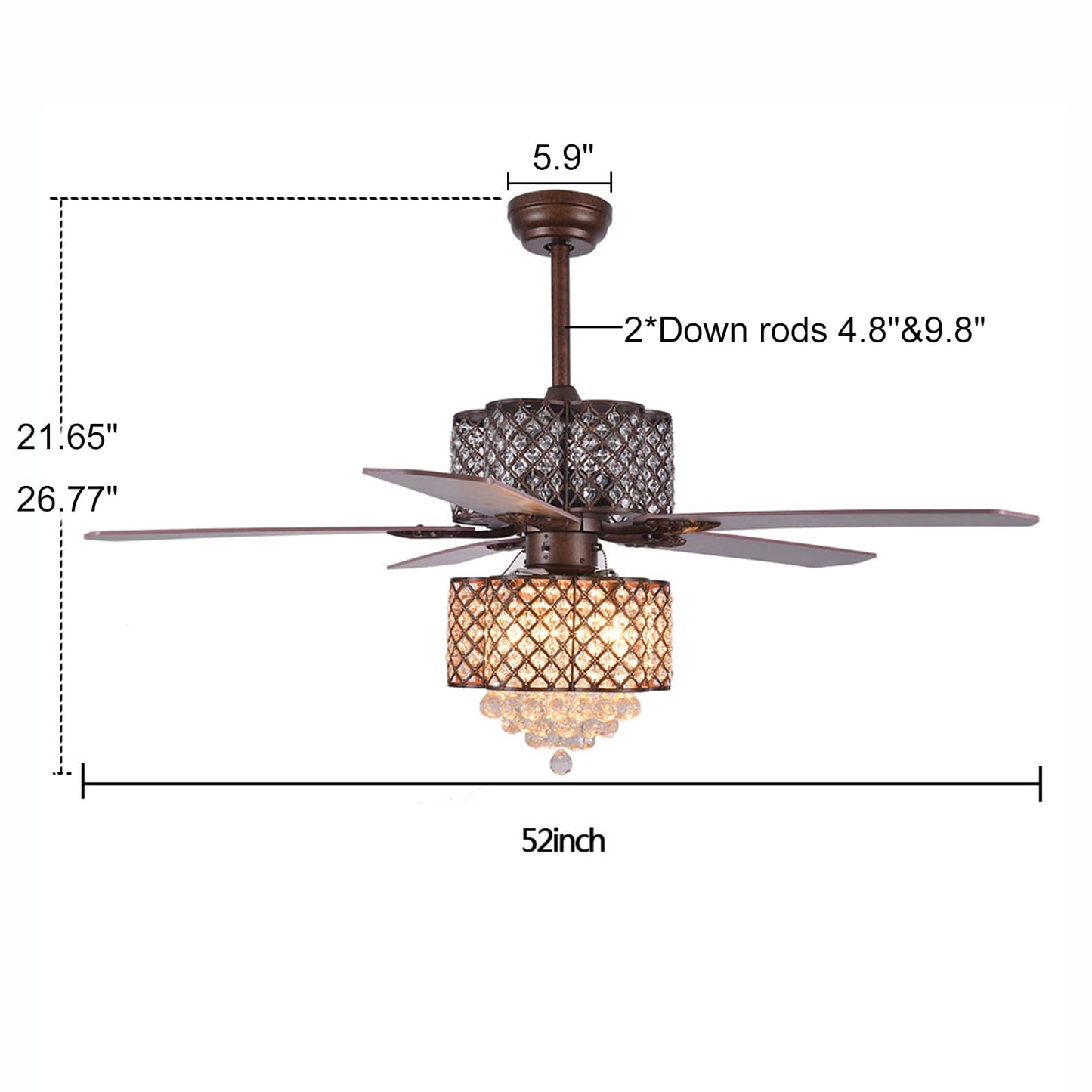 52'' Crystal Ceiling Fan with Lights Classical Ceiling Fans with Chandeliers 5 Wood Reversible Blades 6 E12 3 Speed & Smart Timing Silent Vintage Fan
