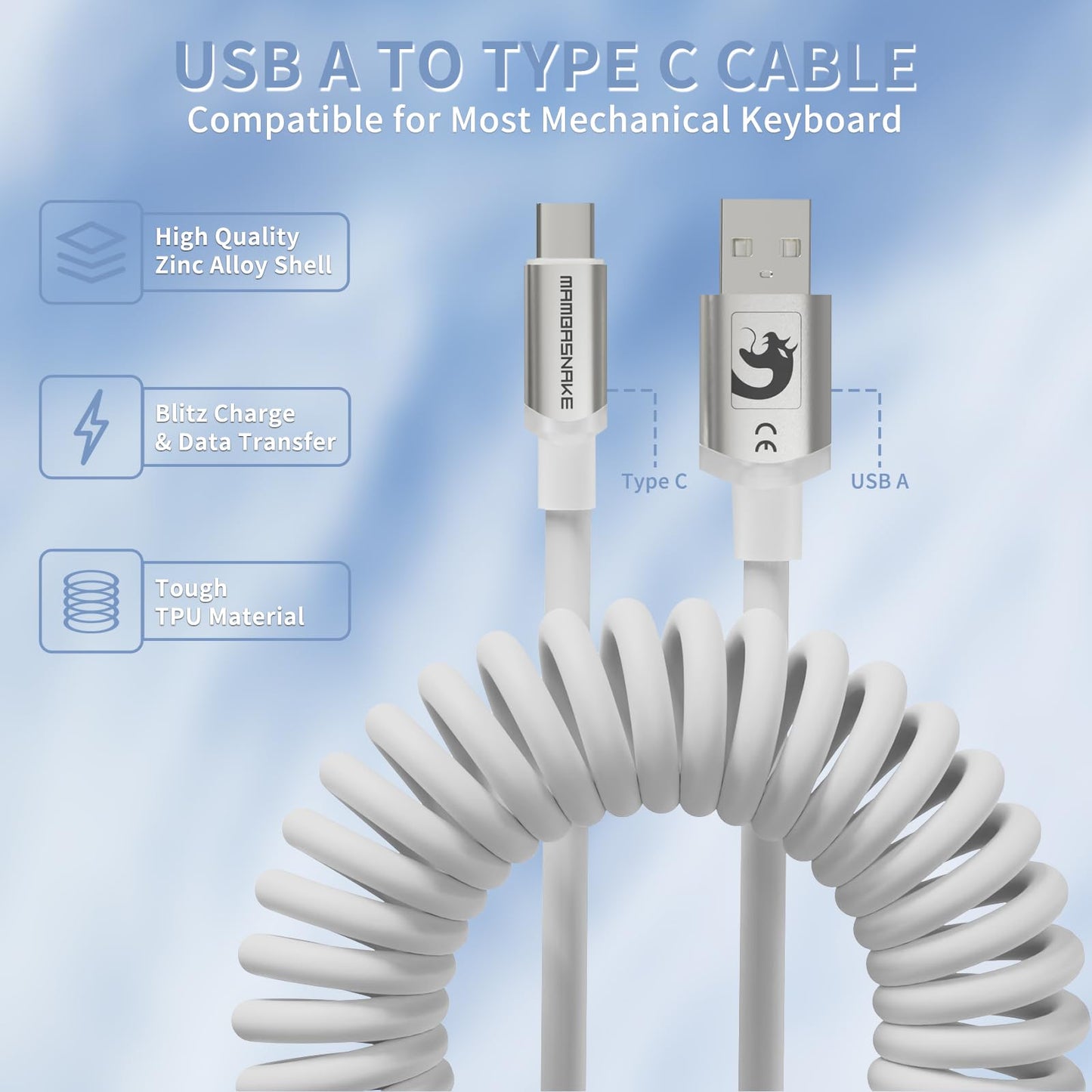 MAMBASNAKE C01 Ultra RGB Coiled Keyboard Cable,Pro Custom USB-C Aviator Cable for Gaming Keyboards,Stable Dual-Sleeved Design,2m Type-C to USB-A