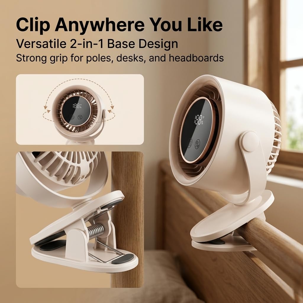 KSBTPST 3-in-1 Portable Clip-on Fan, 199 Speed Adjustable USB Rechargeable with LED Display, 360 Rotatable High Wind, 17H Long Battery Life