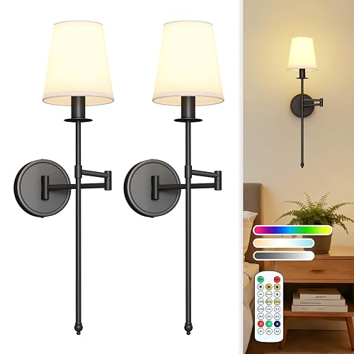 Joosenhouse Black Wireless Wall Sconces Set of 2, Battery Operated Wall Lights with Remote Control, 9 RGB Color Options, 24.8 inch Dimmable Wall