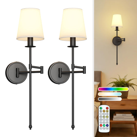 Joosenhouse Black Wireless Wall Sconces Set of 2, Battery Operated Wall Lights with Remote Control, 9 RGB Color Options, 24.8 inch Dimmable Wall