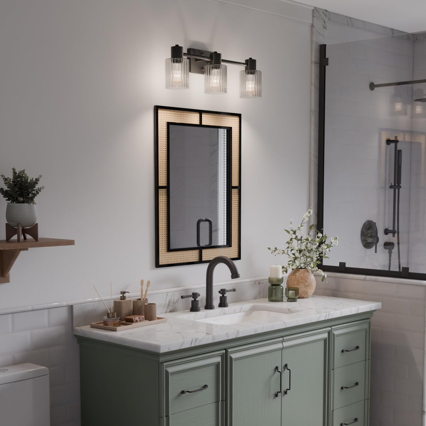 Globe Electric 3-Light Vanity Light, Matte Black, Clear Ribbed Glass Shades