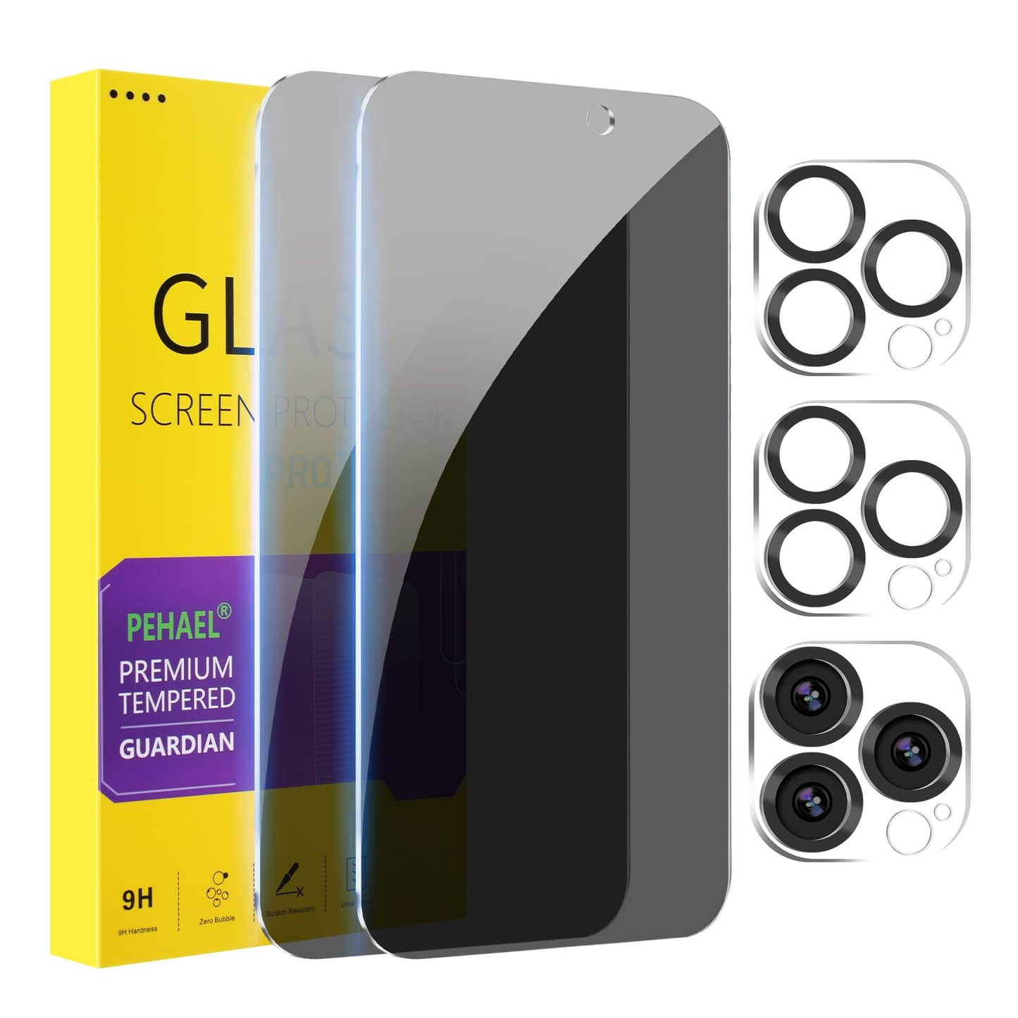 PEHAEL 2+2 Pack for iPhone 15 Pro Max Privacy Screen Protector with Camera Lens Protector Full Coverage Anti-Spy Tempered Glass Film 9H Hardness Easy