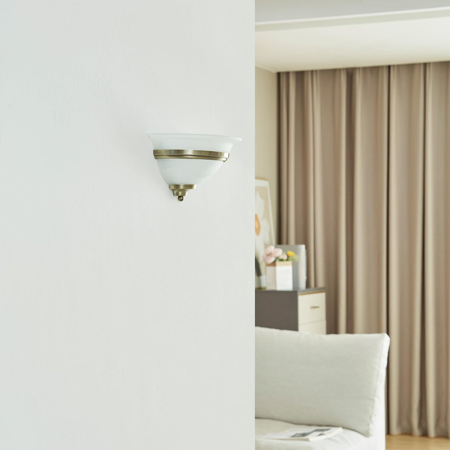 Lucande 12.2" Antique Brass Half Moon Wall Sconce Light, Uplight Wall Mount Light with Frosted Glass Bowl Shade, Traditional Wall Sconce for Bedroom