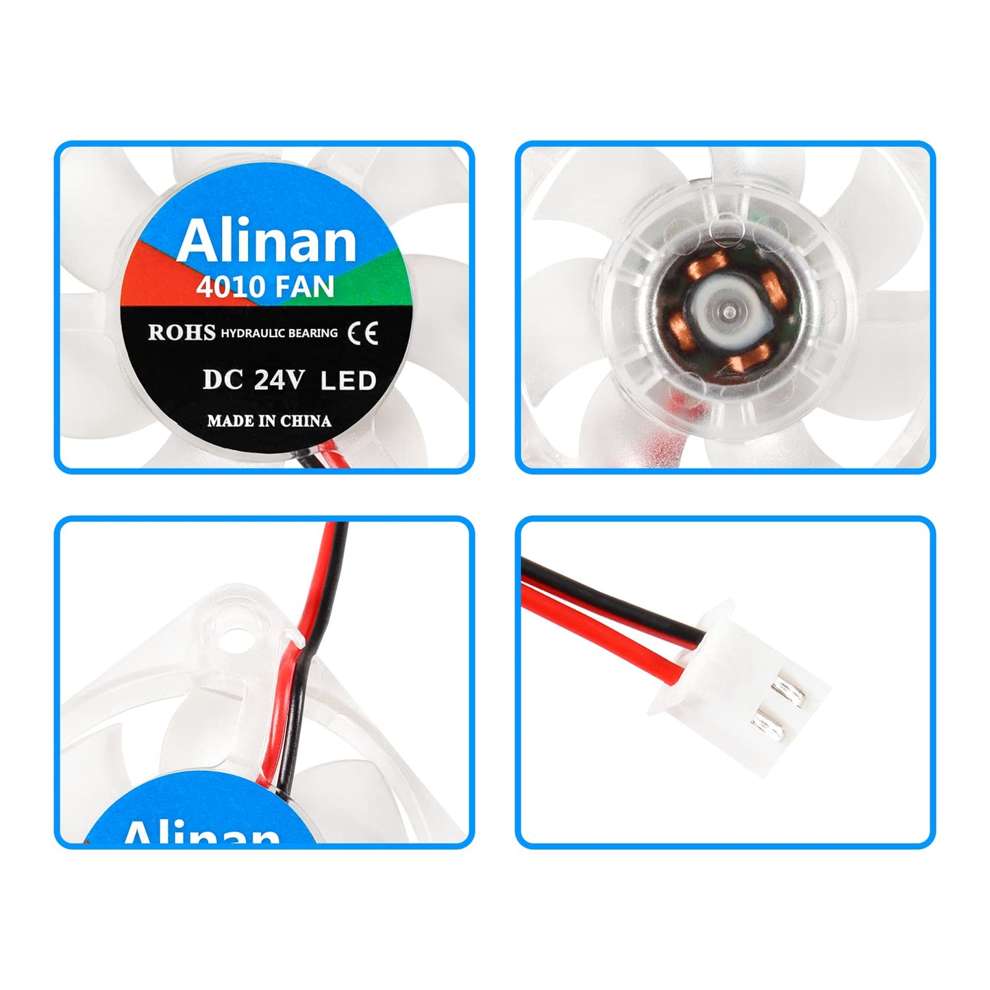 Alinan 6pcs 4010 24V Color LED Mini Brushless Cooling Fan Transparent 40 * 40 * 10MM 0.05A for 3D Printer, PC, Case, CPU