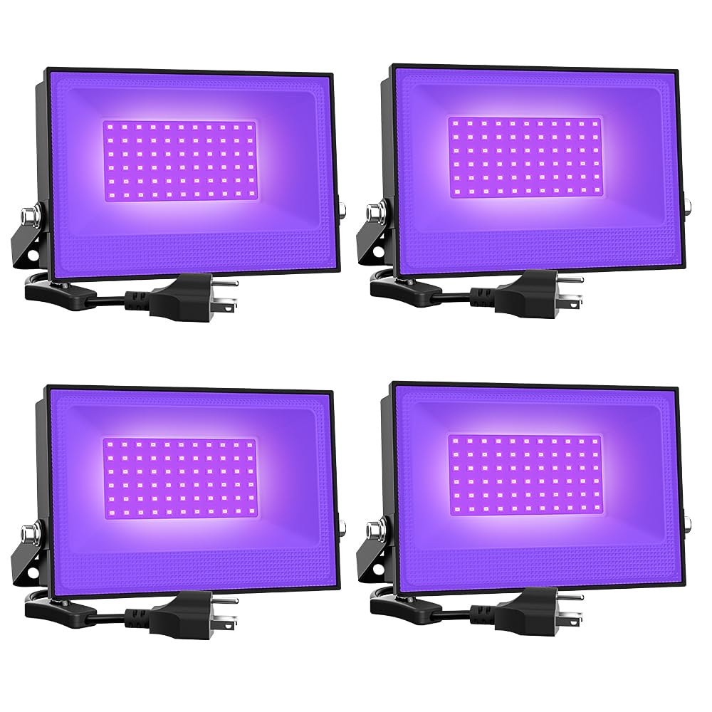 Onforu 4 Pack 38W LED Black Lights, Blacklight Flood Light with Plug, IP66 Waterproof, for Halloween Party, Glow in The Dark, Stage Lighting