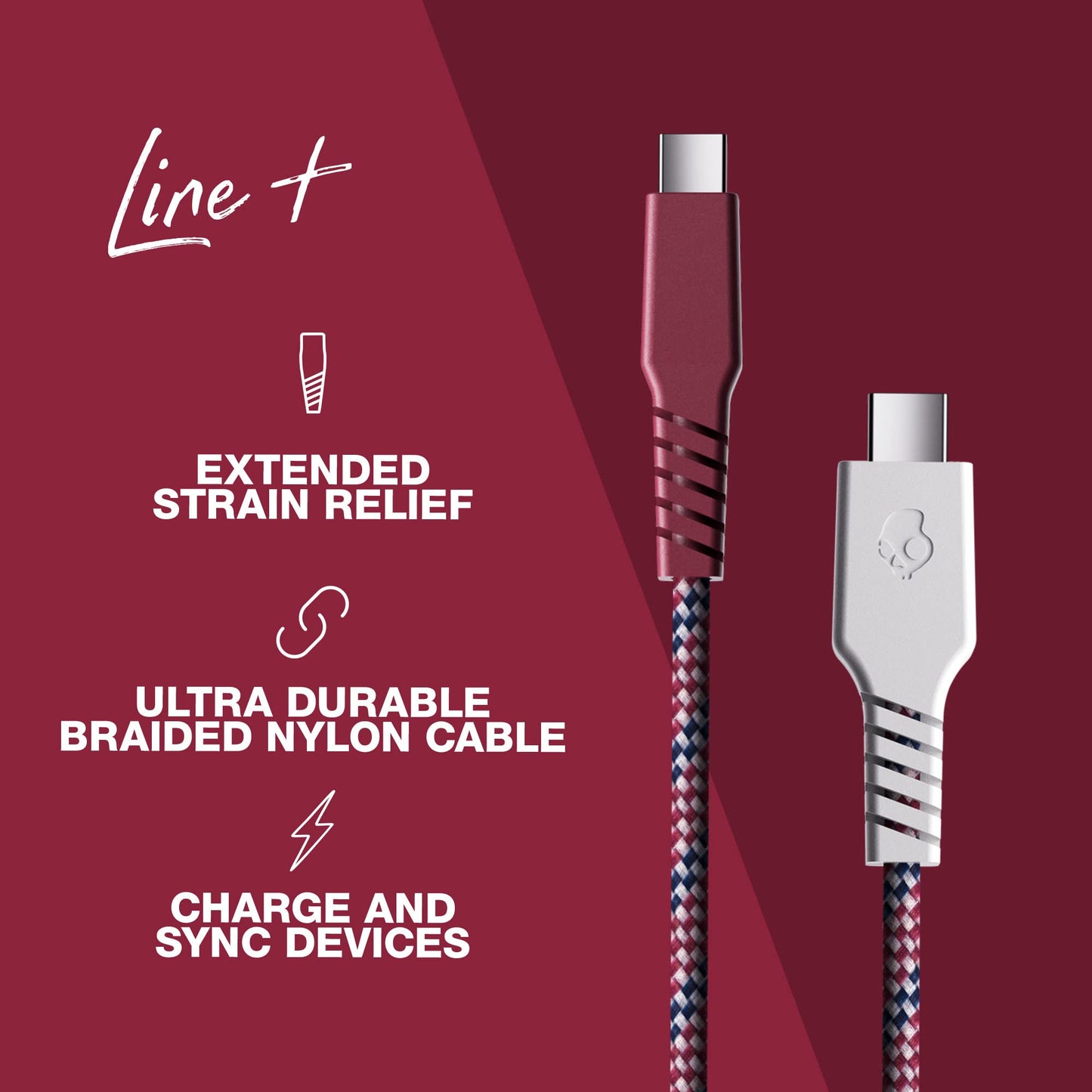 Skullcandy Line+ Braided Charging Cable, USB-C to USB-C - White/Crimson