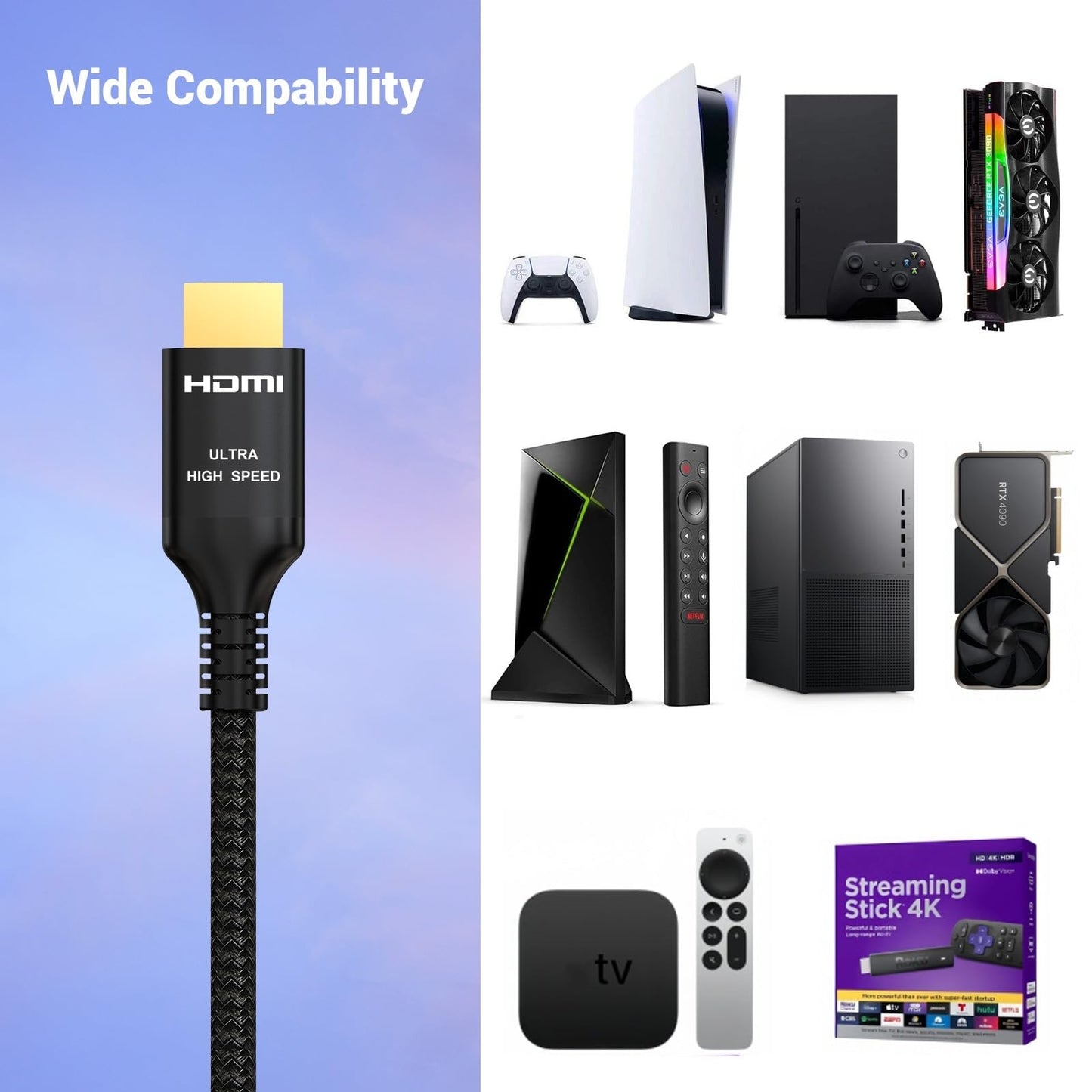 Etseinri 10K 8K 4K HDMI Cable 13ft, Certified 48Gbps Ultra High Speed HDMI® Cable 4K@120Hz 8K@60Hz eARC HDCP 2.2&2.3 Dynamic HDR D.olby Atmos