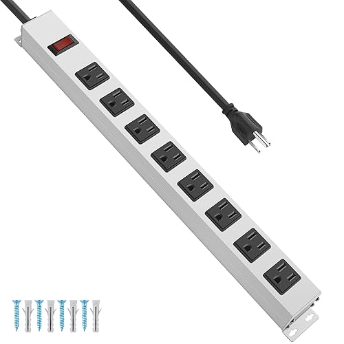 JUNNUJ Metal 8 Outlet Power Strip, Mountable Heavy Duty Power Strip, 1200J Surge Protector Wall Mount Screws Outlet with Switch, Gaming Desk Strips