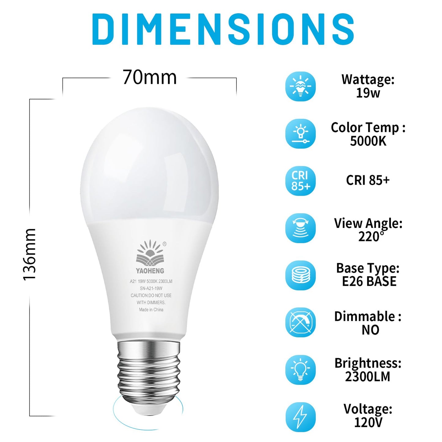 YAOHENG A21 LED Light Bulb, 150 Watt Equivalent LED Bulbs, 19W 5000K Daylight, 2300 Lumens, Non-Dimmable, E26 Base, Super Bright Light Bulb Indoor