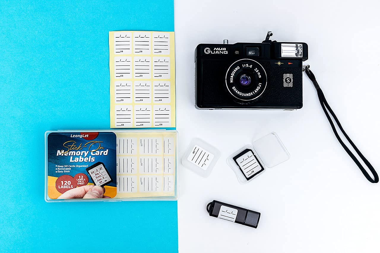 (120 Count) Stick-On SD Memory Card Label/Flash Drive Label Stickers with 6 Free SD Card Cases & Container- [Writable & Removable]
