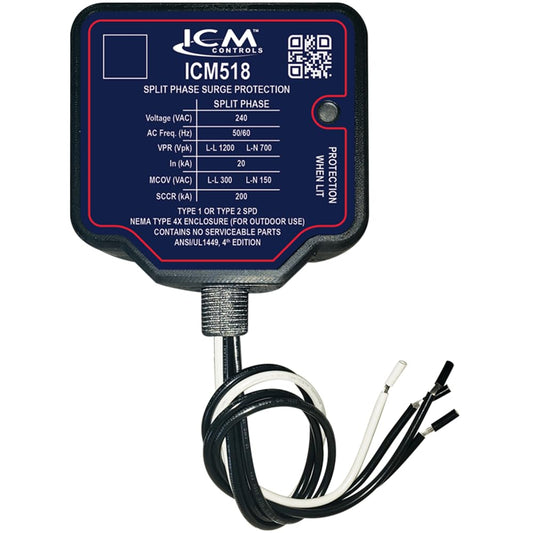ICM518 240 VAC Split-Phase, Type I/II Whole House SPD, NEMA Type 4X Waterproof Plastic Enclosure with 3/4" Conduit Connection; UL Listed. Replacement