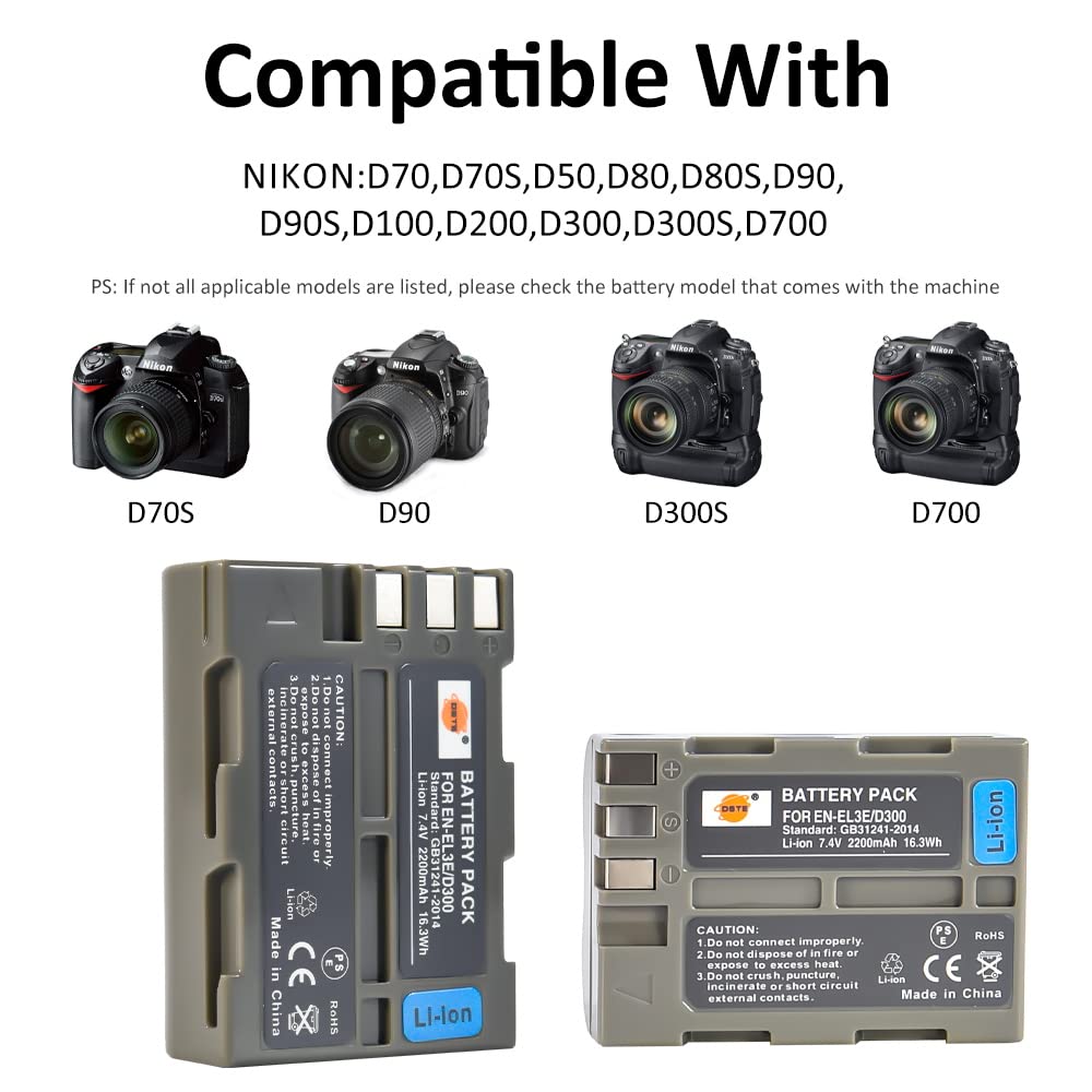 DSTE 2 x EN-EL3E Battery + Dual USB Charger Compatible with Nikon D70 D70S D80 D90 D100 D200 D300 D300S D700 Digital Camera