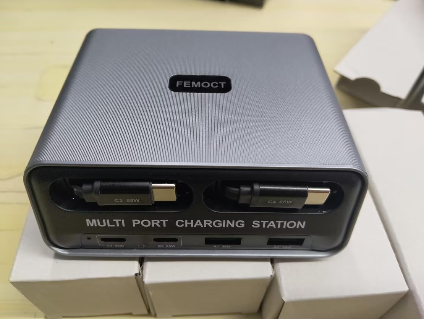 6-in-1 Retractable USB C Charger, 100W GaN Desktop Charging Station for Multiple Devices, Dual 2.3ft Built-in Cables, PD 65W Fast Usbc Charger