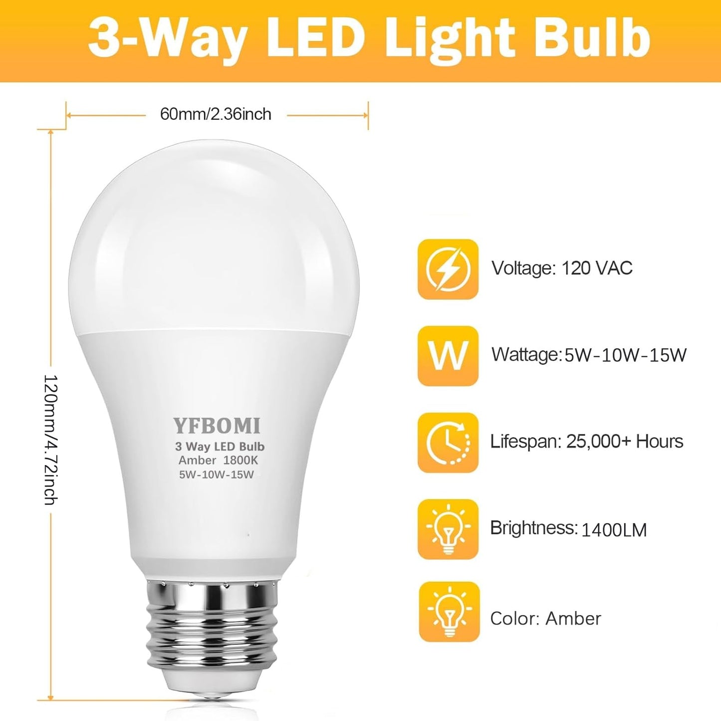 YFBOMI 3 Way Amber LED Bulbs 40W, 100W, 150W Equivalent 1800K Light Bulbs, E26 A19 3 Way Bulbs 5W/10W/15W,for Sleeping, Reading, Desk Lamps, and Floor