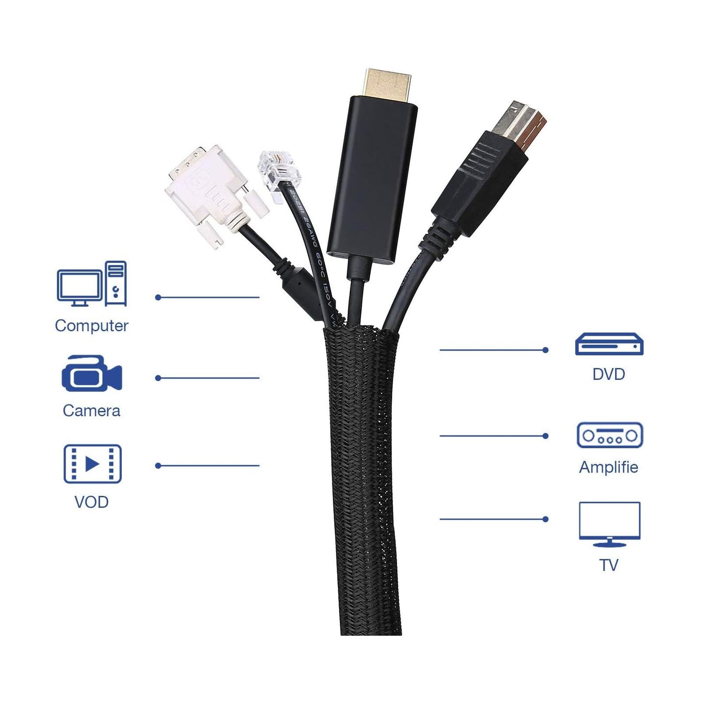 QCSIW 3/8"-25ft Cord Protector Wire Loom Tubing Split Sleeve Cable Sleeve for USB Power Audio Video Cables - Pet Chewing Protection, Flexible Cable