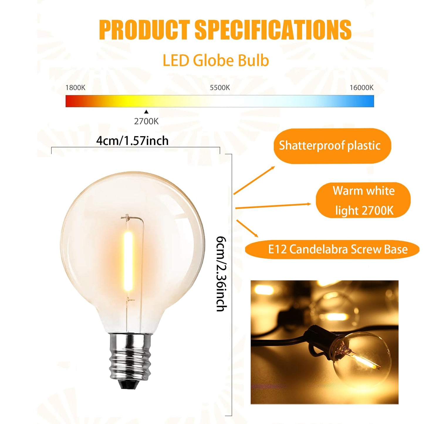 G40 LED Replacement Bulbs for Outdoor String Lights, 1W LED Dimmable Shatterproof Globe Bulbs fits E12 Candelabra Base , Edison Light Bulbs for Indoor