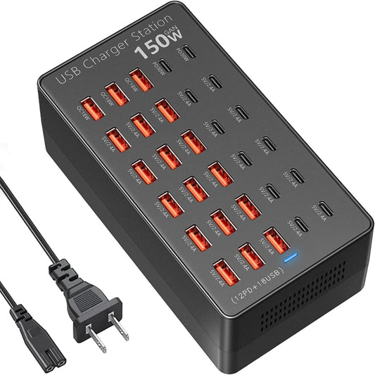 USB Charging Station 30 Port, 150W Multiple USBC Charging Block(18 USB A+12 Type C Port) Desktop Charger Hub for Multiple Devices Compatible
