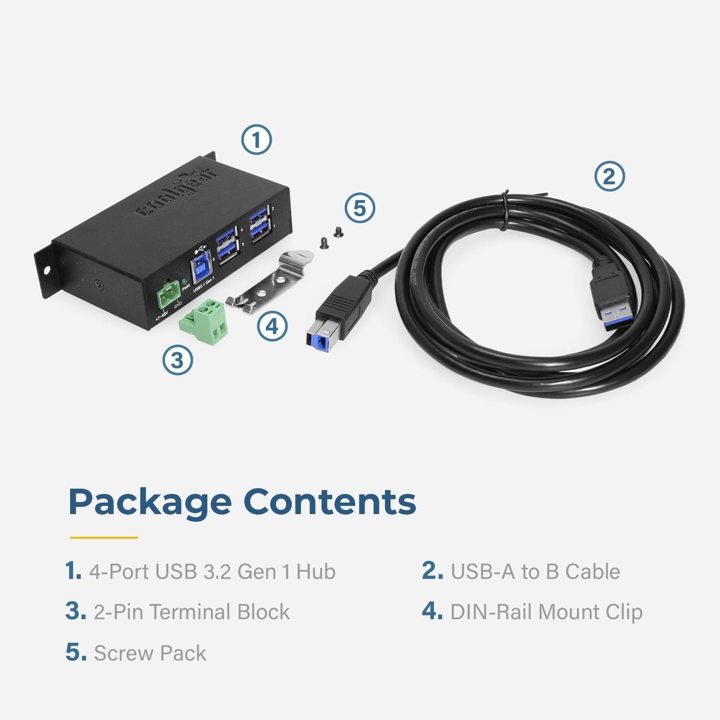 Coolgear Industrial 4 Port USB 3.0 Powered Hub, 5Gbps Speeds, Metal Housing, 7-48V DC Input, Wall and DIN-Rail Mountable, ESD Surge Protection - PC…