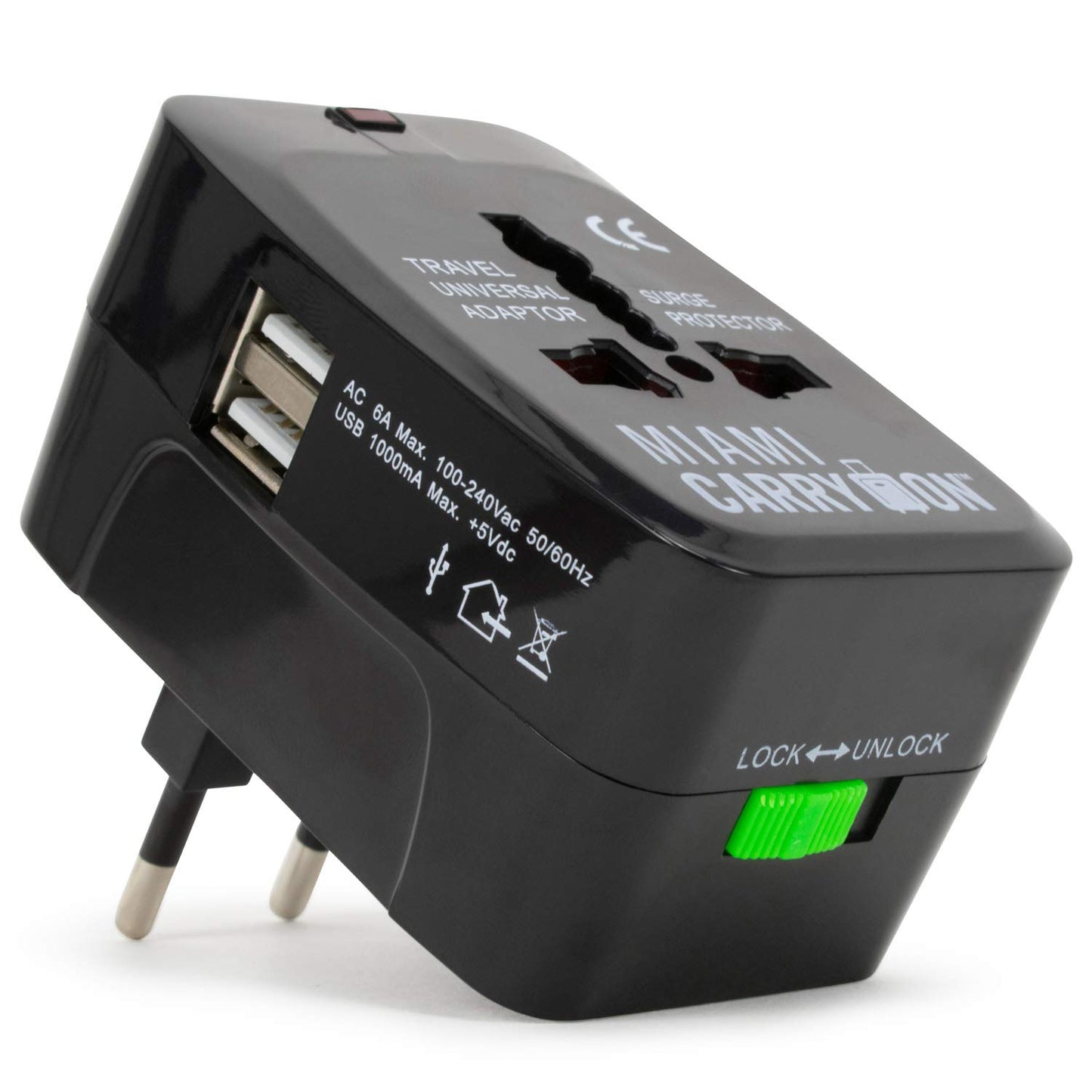 Miami CarryOn International Travel Adapter with Two USB Ports (1, Black)