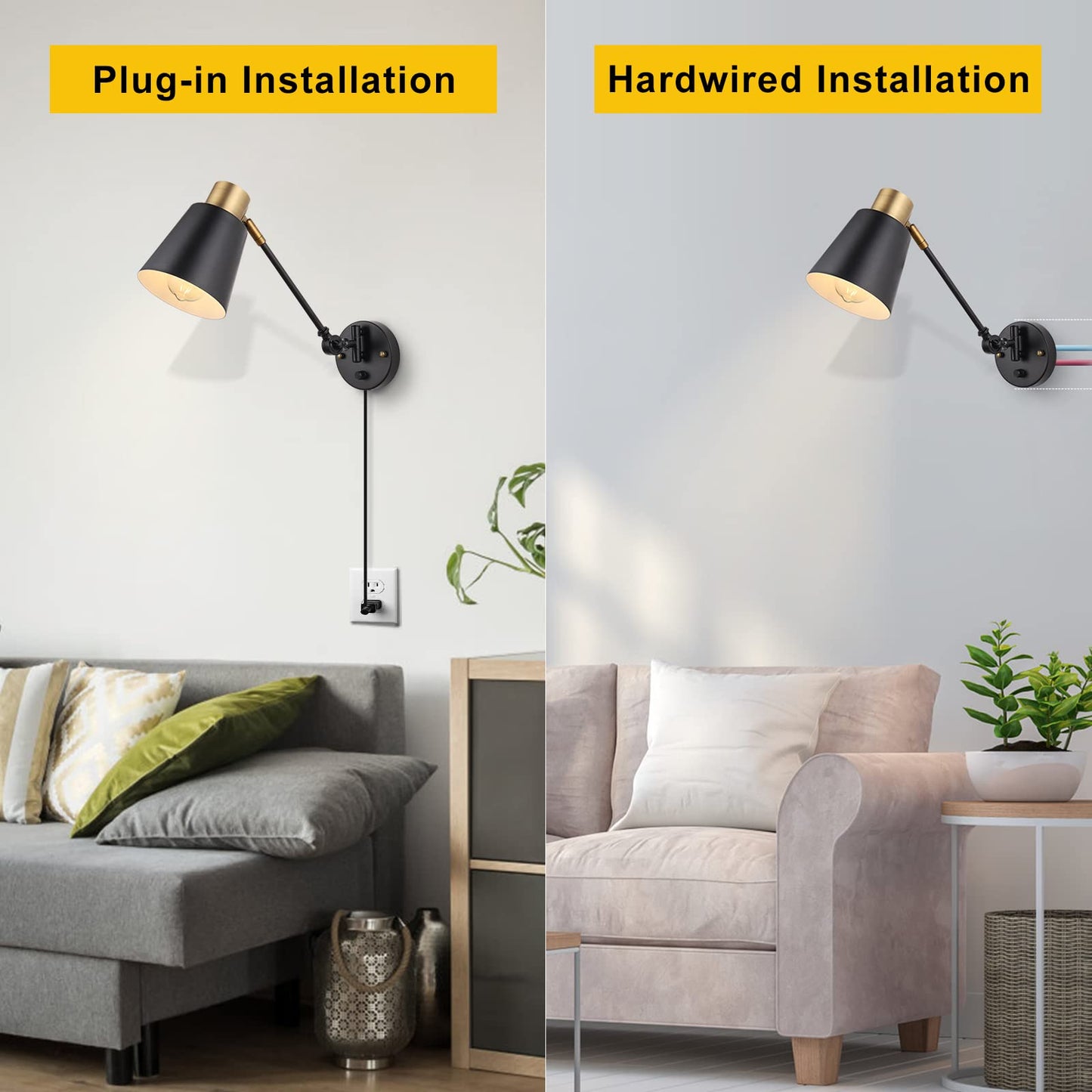 GOODATE Dimmable Wall Lamp with Plug in Cord, Plug in Wall Sconces, Swing Arm Wall Light with On Off Switch, Metal Black Brass Industrial Wall Lamp