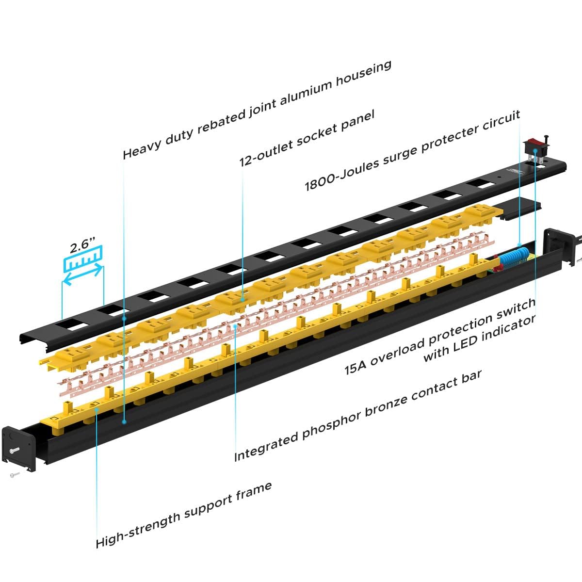 CRST 12-Outlet Metal Long Power Strip, Heavy Duty 1800 Joule Surge Protector Wall Mount Power Strip, 6FT Wide Spaced Workshop Garage Industrial Power