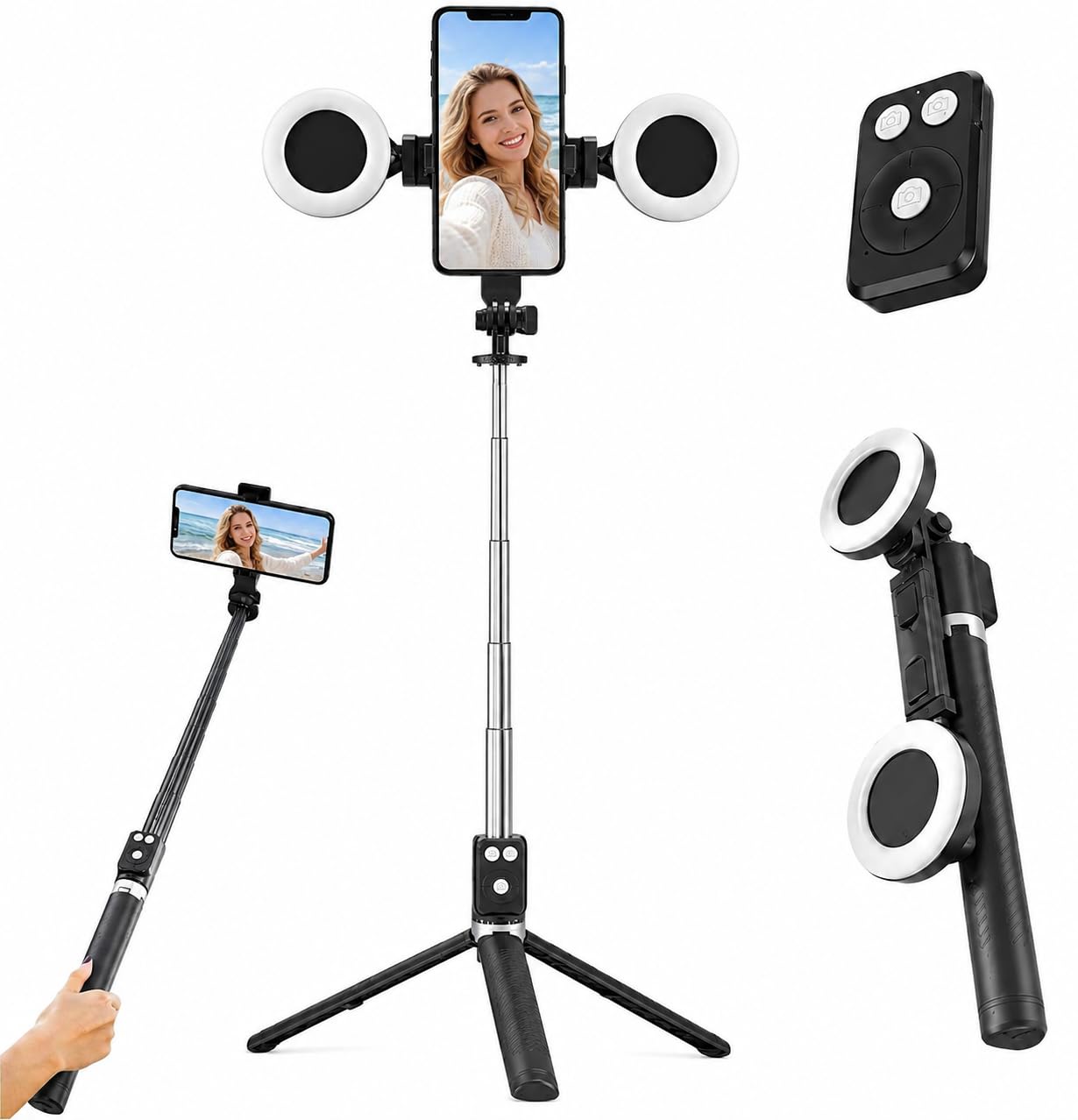 Black Tripod for iPhone with Light, Ring Light Holder for iPhone, Adjustable Selfie Stick Stand with Fill Light, Extendable Phone Tripod for Video