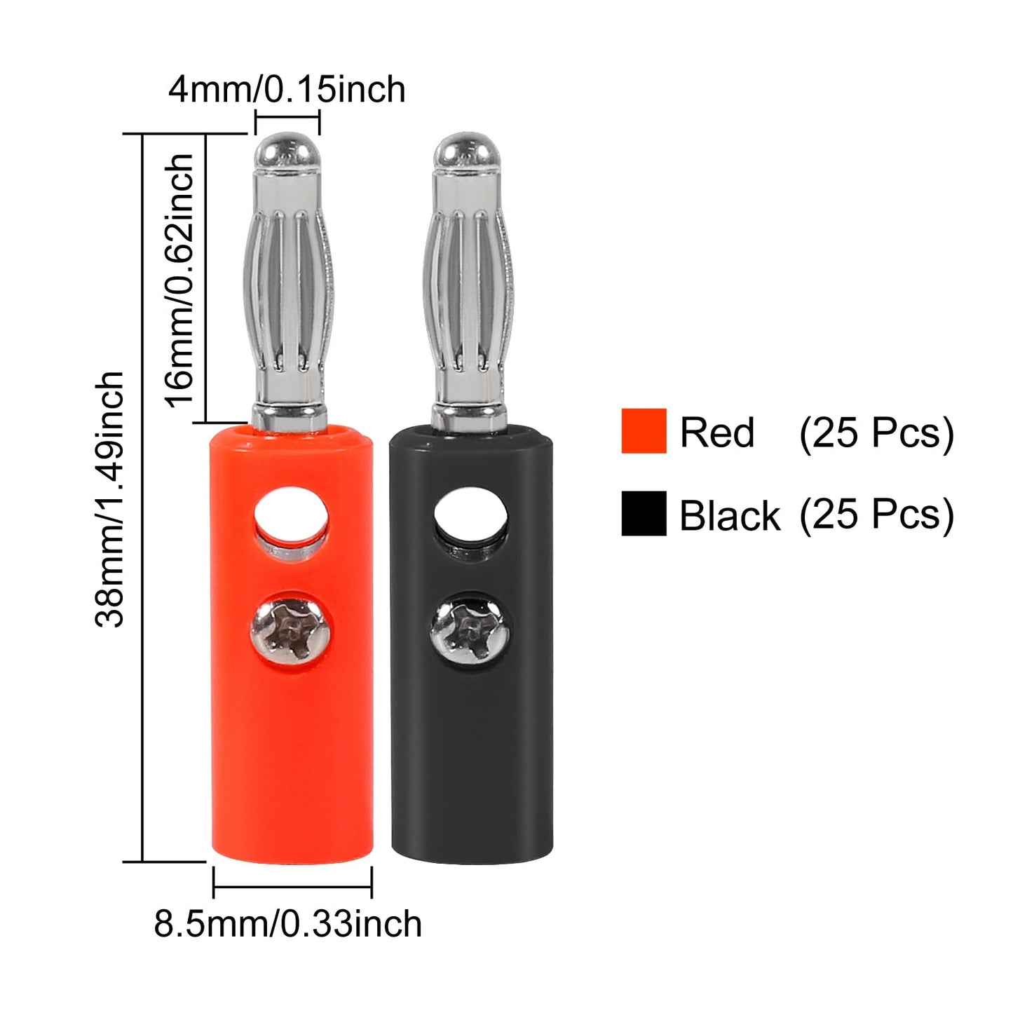 ALAMSCN 50PCS 4mm Banana Plug Audio Speaker Cable Connector Banana Plug Terminal Connectors Male Audio Speaker Cable Connector(25 Red + 25 Black)