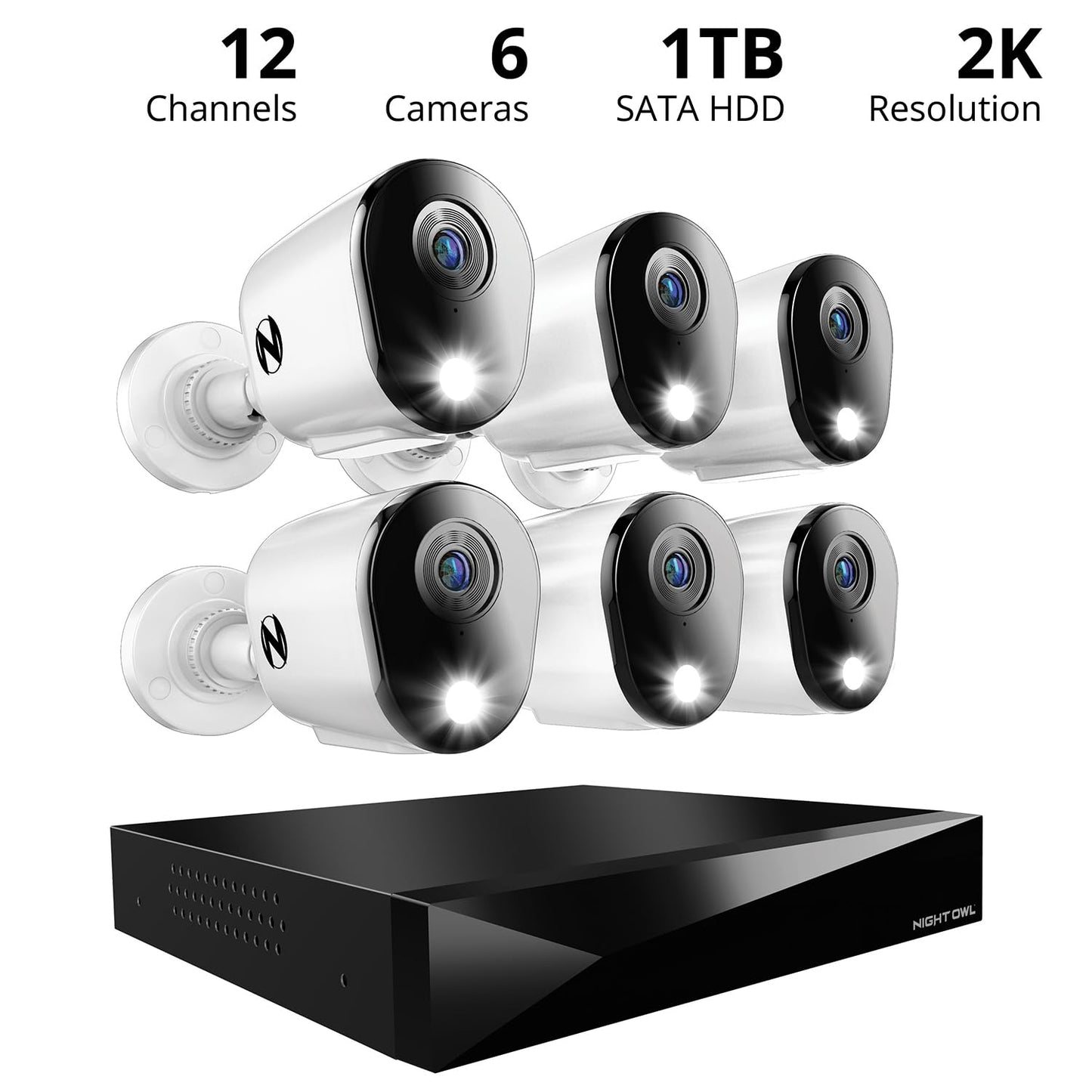 Night Owl 2-Way Audio 12 Channel DVR Video Home Security Camera System with (6) Wired 2K HD Indoor/Outdoor Deterrence Cameras and 1TB Hard Drive (Add