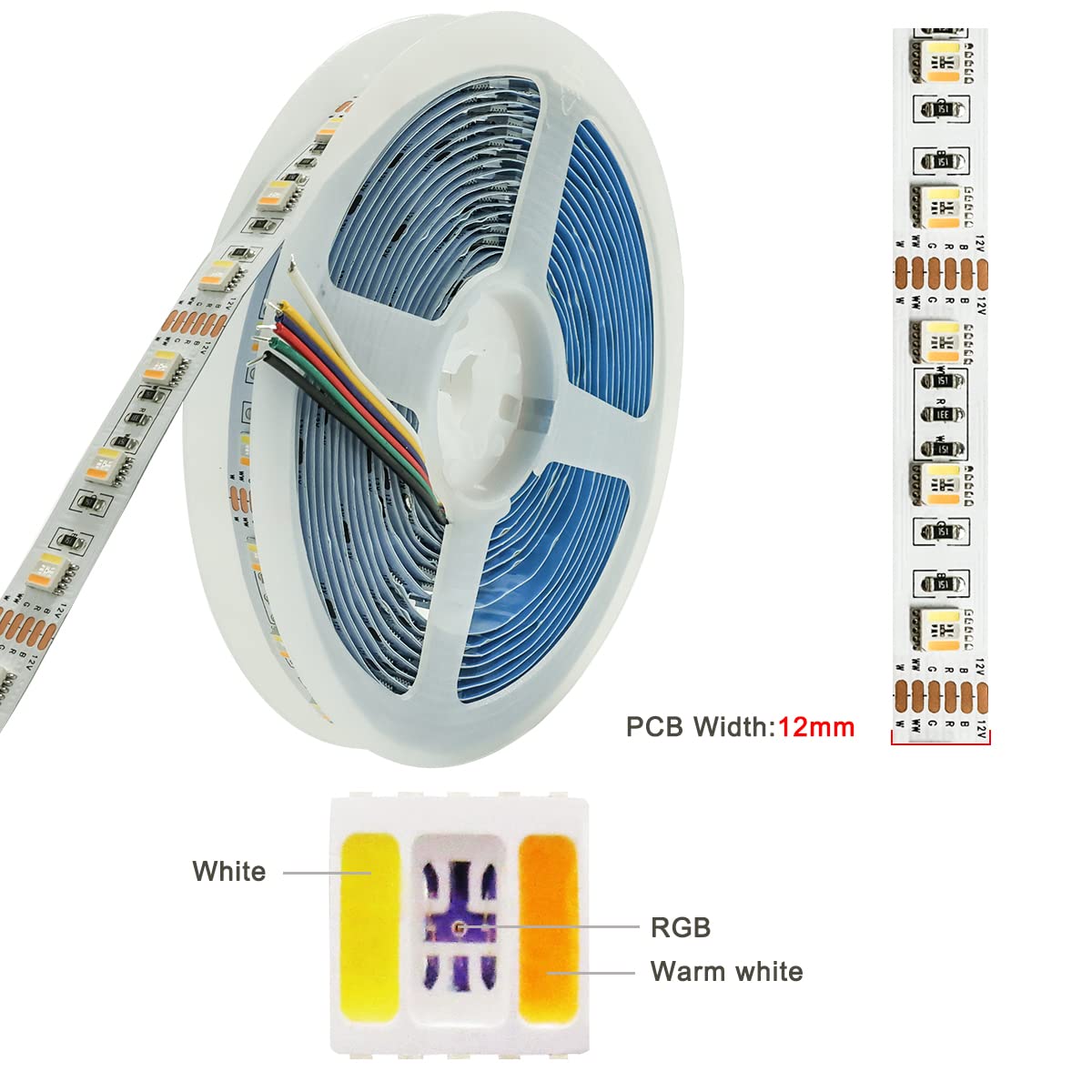 Tesfish 12V 5 in 1 LED Strip Lights RGB + CCT, RGB + White + Warm White (2800K to 6500K) RGBCW 5M Mixed Colour Adjustable Light Strips IP20 300 LEDs