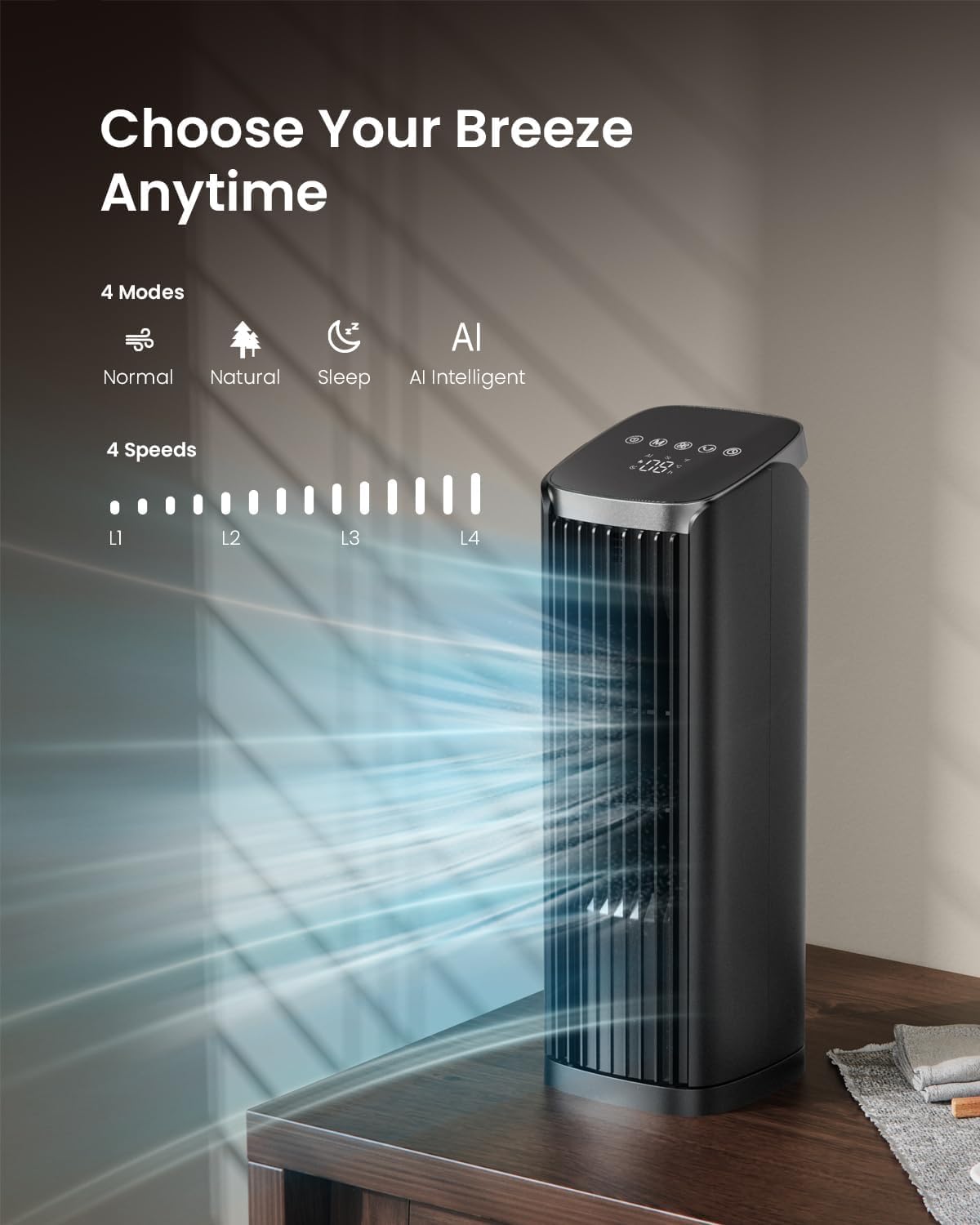 PNTCK Fan for Bedroom, 13.2" Tower Fan with Remote, 4 Modes 4 Speeds Max 24ft/s, 70° Oscillating Desk Fan, 12H Timer Portable Fans, Cooling Fans