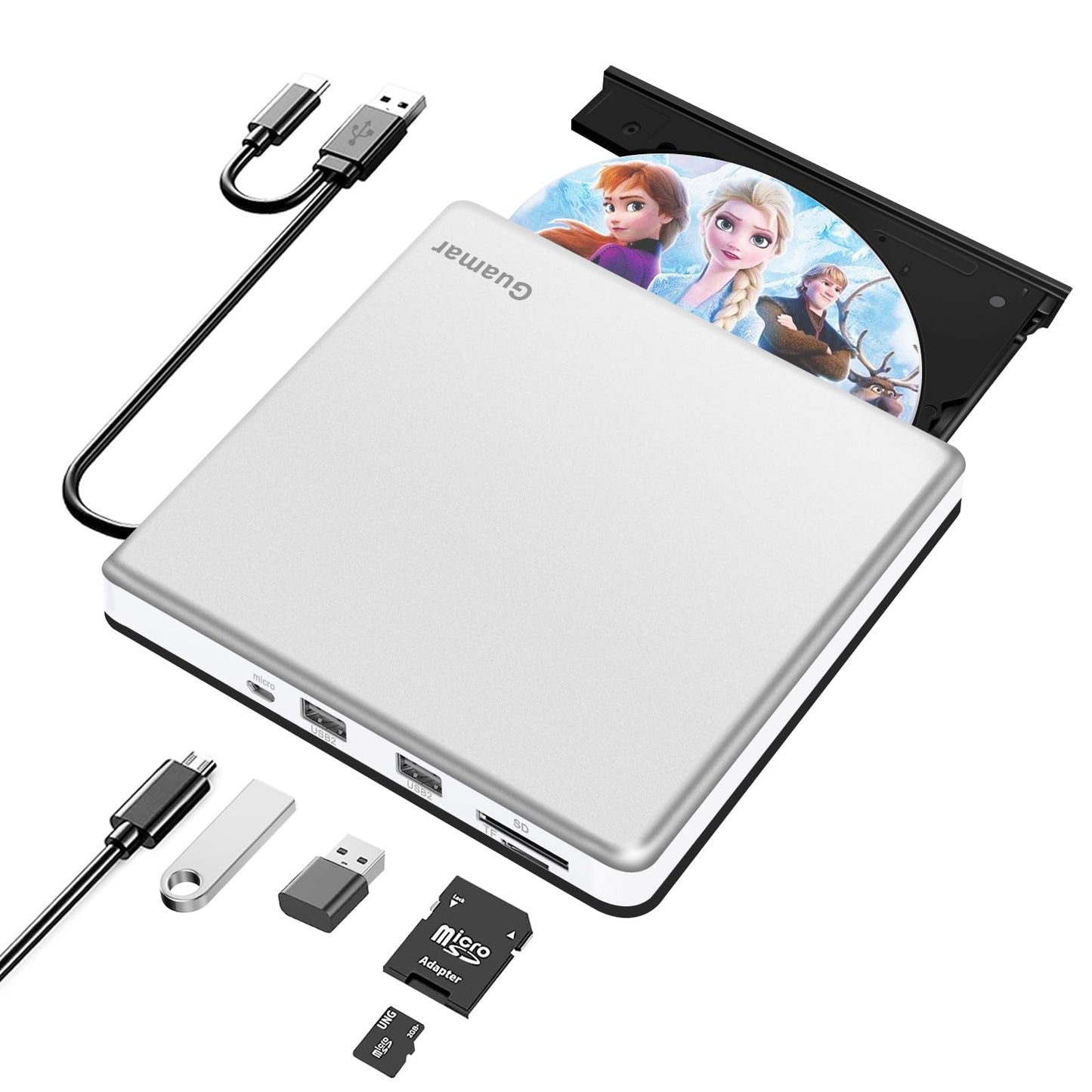 Guamar External CD Drive for Mac: Portable DVD Burner Player for Laptop PC Windows 11 with SD/TF Slot 2 USB Ports - USB-C Superdrive for Apple MacBook