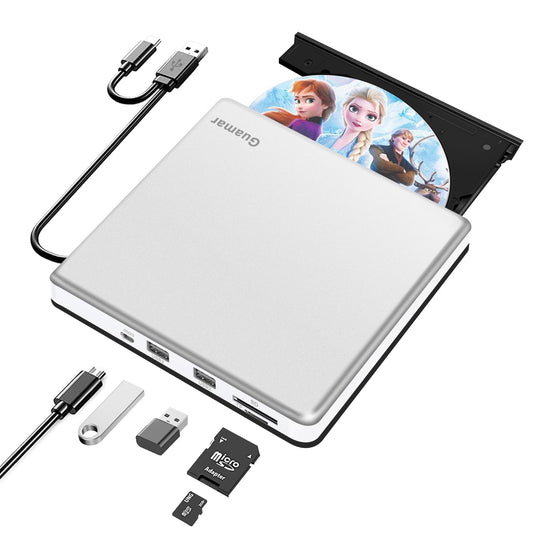 Guamar External CD Drive for Mac: Portable DVD Burner Player for Laptop PC Windows 11 with SD/TF Slot 2 USB Ports - USB-C Superdrive for Apple MacBook