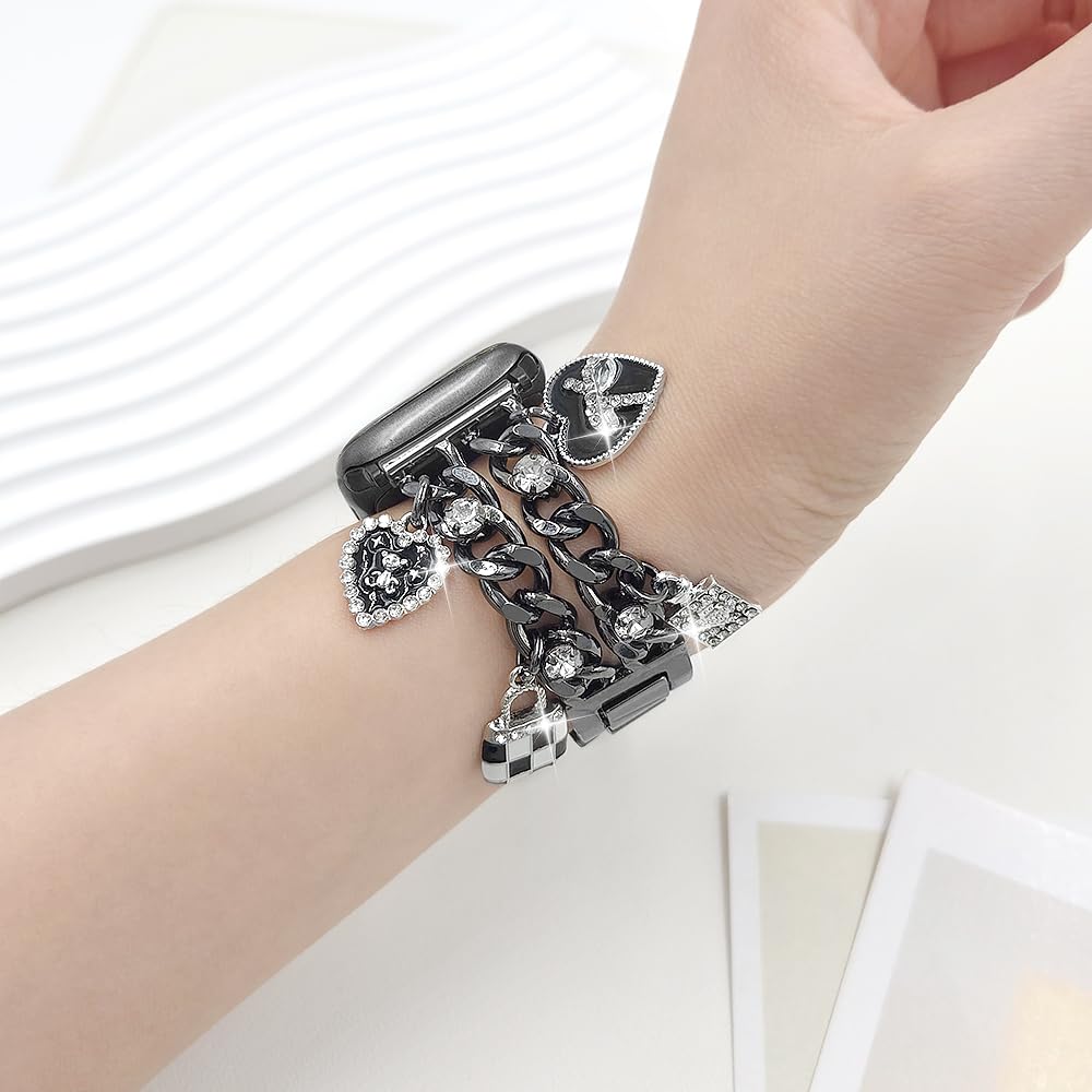 YONWORTH Cuban Chain Band Compatible with Apple Watch Bands 38/40/41mm Women,Bling Diamond Chain Dressy Metal Wristband Cute Charms Pendants