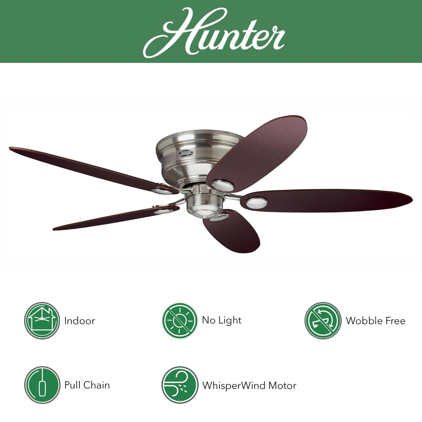 Hunter Fan 52 inch Low Profile Brushed Nickel Indoor Ceiling Fan with Pull Chain for Bedroom, Large Room/Great Room, Dining Room, Kitchen, Office
