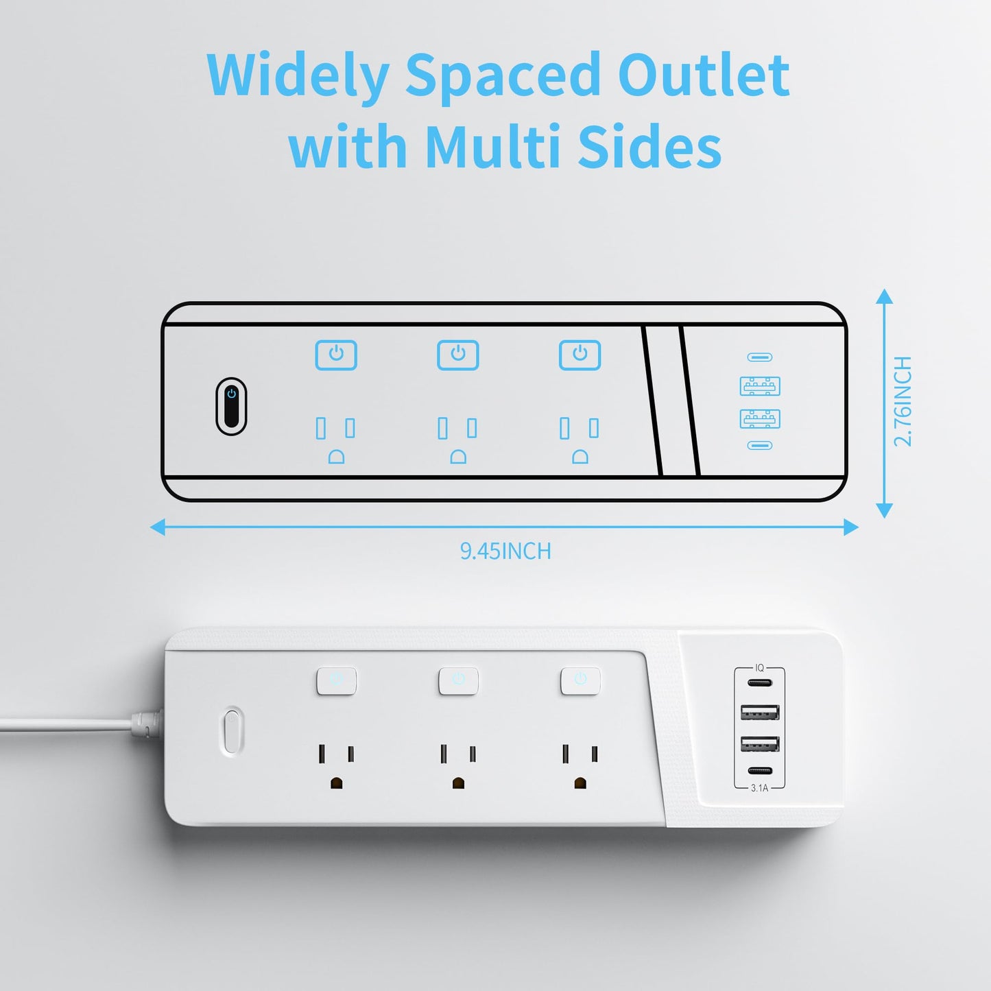 Extension Cord 6 ft Power Strip with 6 Widely AC Outlets 4 USB(2 USBC), Flat Plug Extension Cord with Multiple Outlets, Individual Switches, Desk