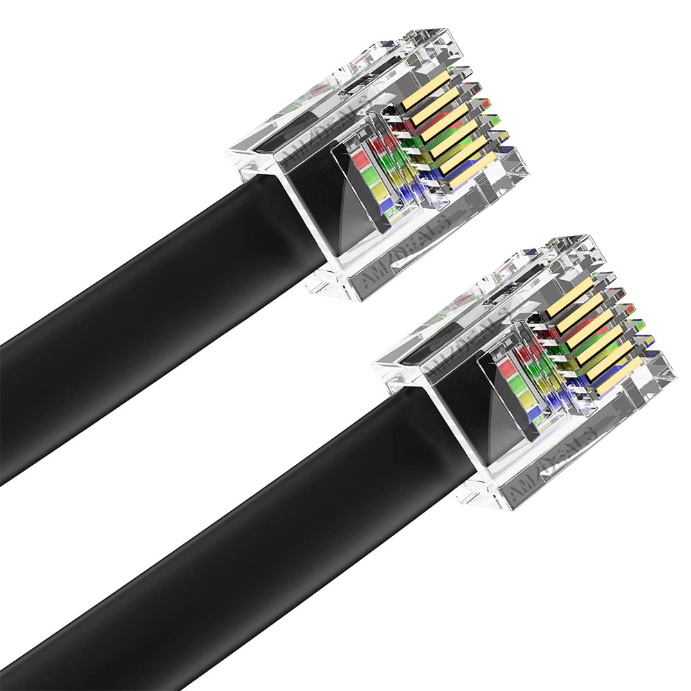 AmzDeals 2-Pack 1 Foot Black RJ12 6P6C Straight Wired Cable, Pro Grade Data and Voice Phone Line Cord - Made in USA