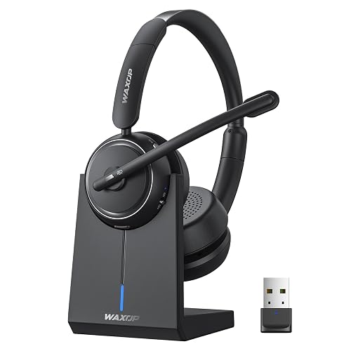 Waxop Wireless Headset with Mic for Work, Bluetooth Headset with Noise Cancelling Mic & Mute Button, Wireless Headsets with Mic for Remote