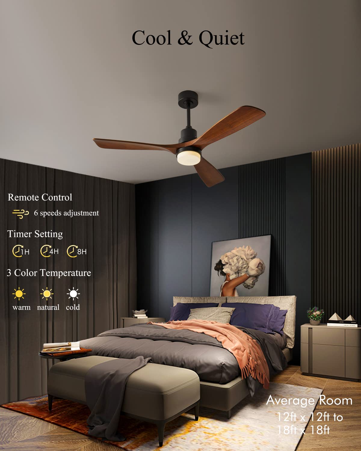 Chriari Modern Ceiling Fans with Lights, 3 Wood Fan Blades, 52" Black with Remote Control, Noiseless Reversible DC Motor for Bedroom/Living